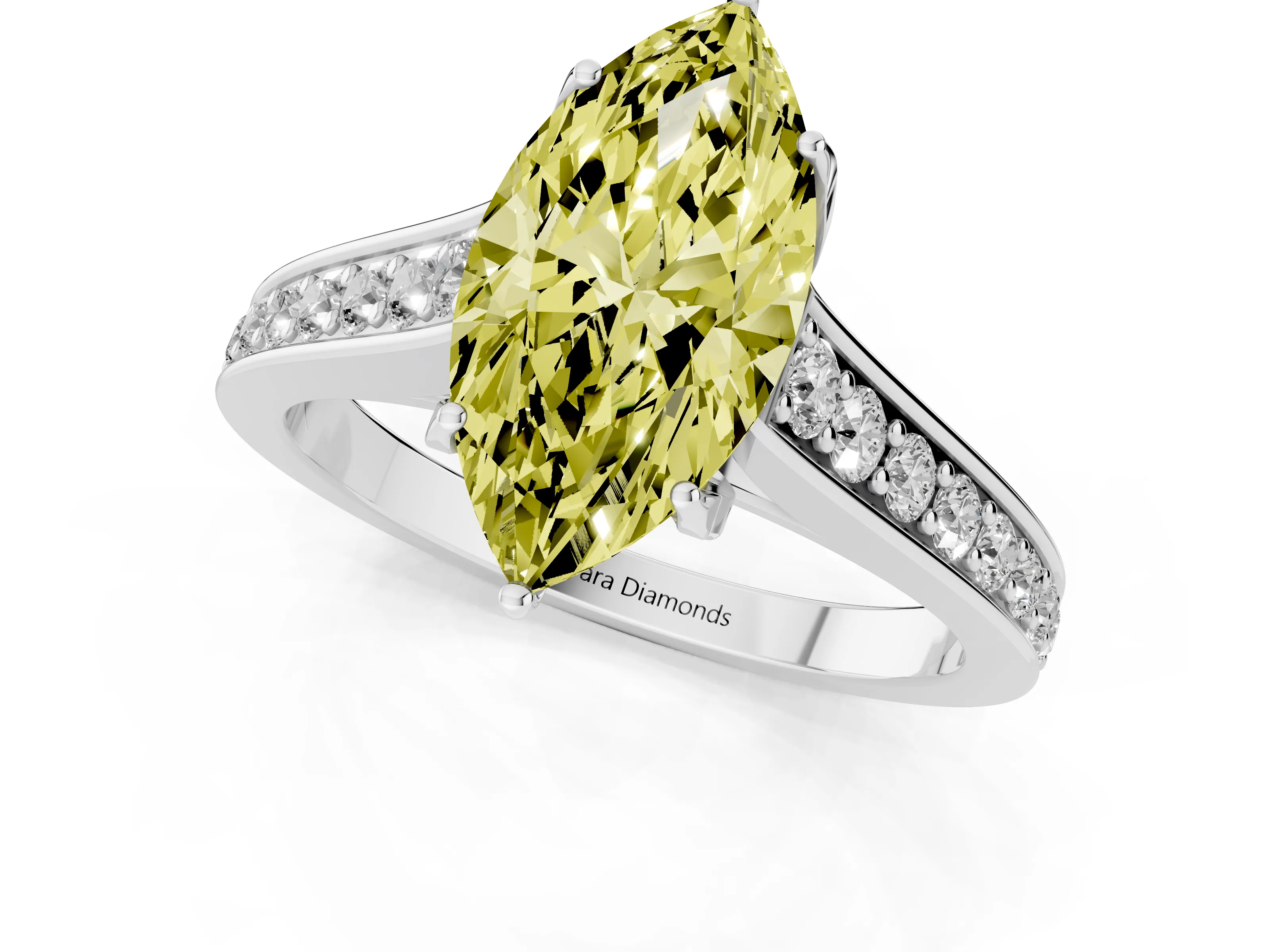 Fancy Yellow Marquise Cut Diamond Solitaire Pavé Engagement Ring Set in White gold with Prong Setting
