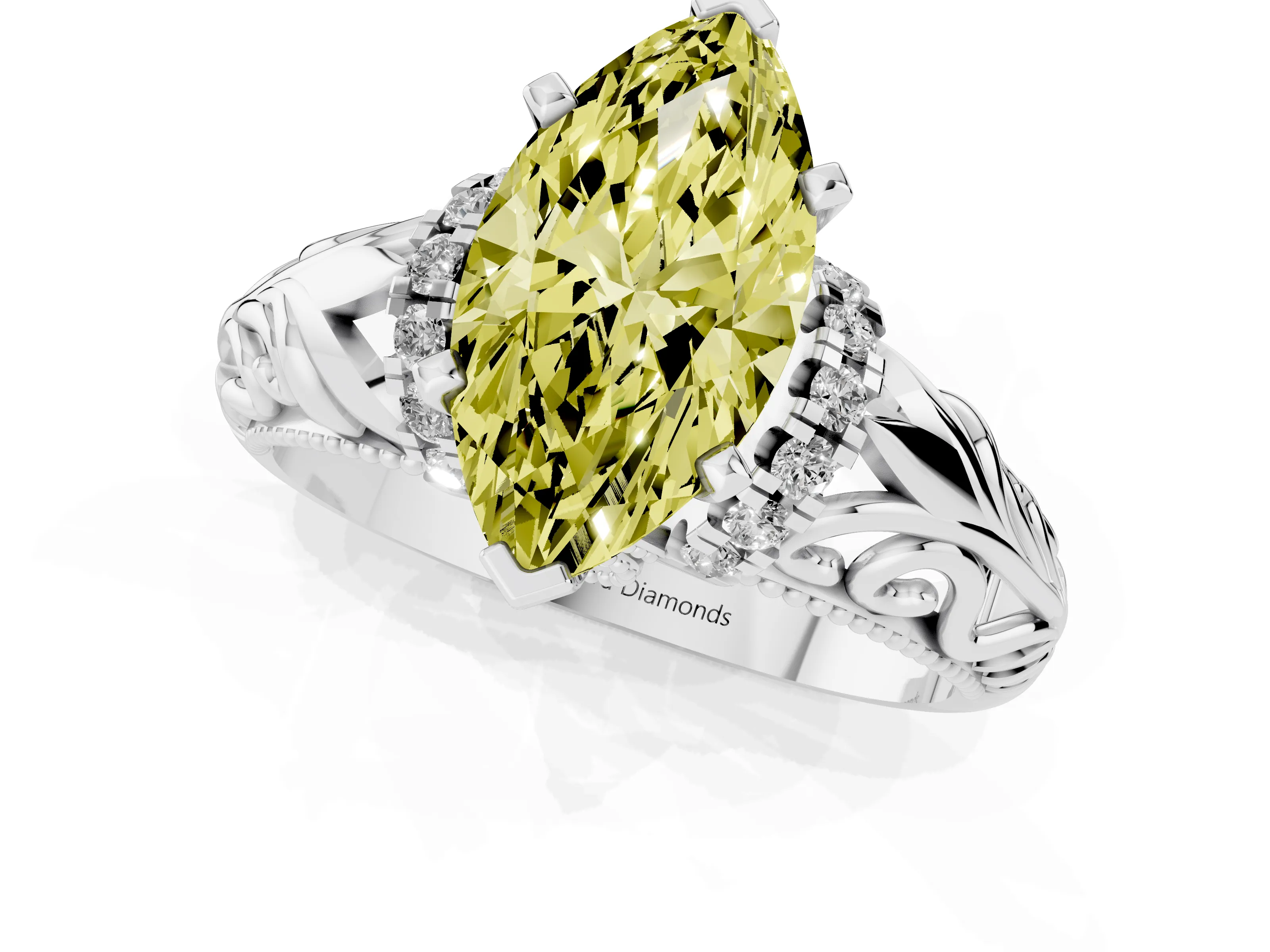 Fancy Yellow Marquise Cut Diamond Filigree Halo Engagement Ring Set in White gold with Prong Setting