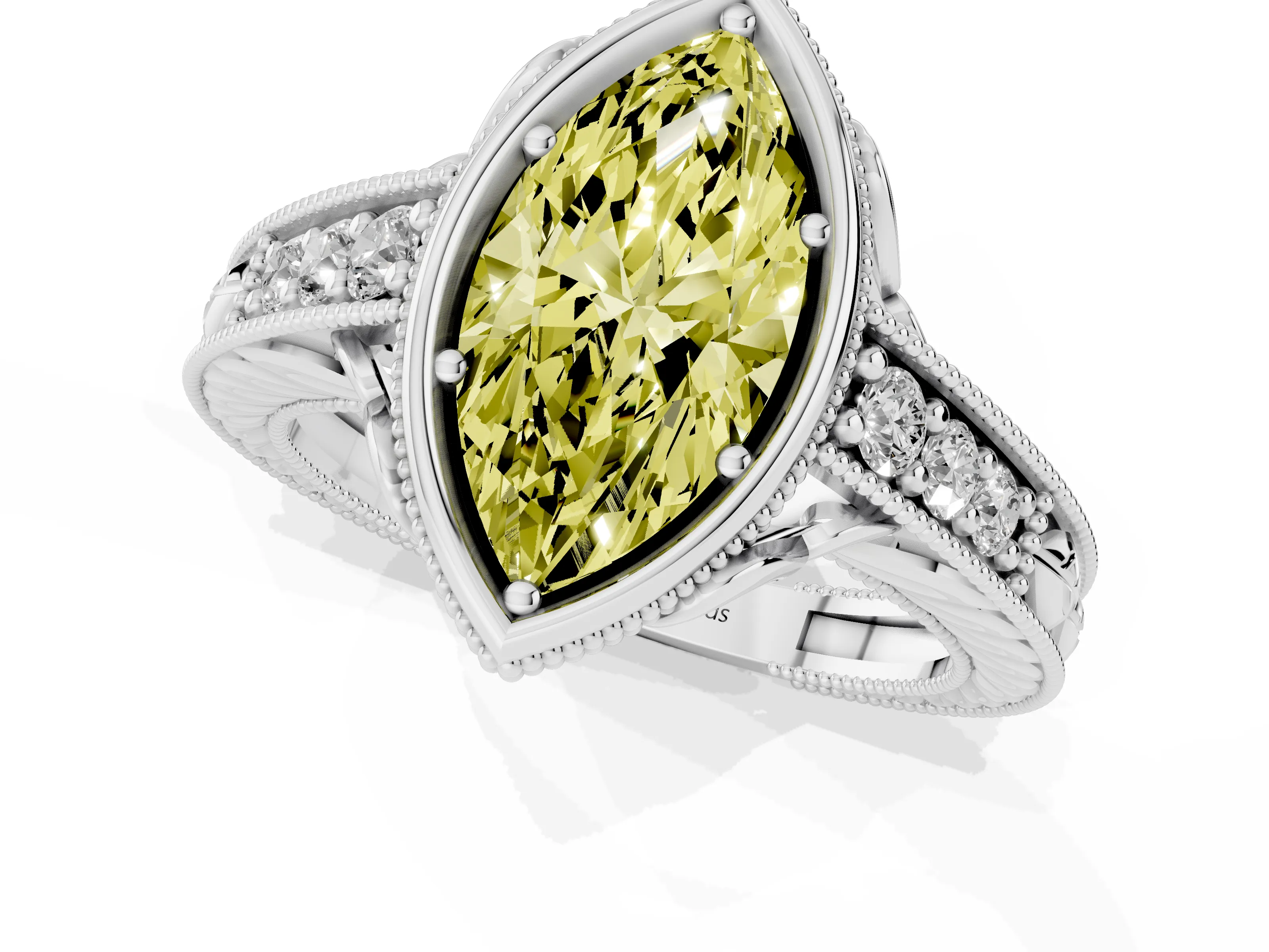 Fancy Yellow Bezel Set Marquise Cut Diamond Milgrain Pavé Engagement Ring Set in White gold