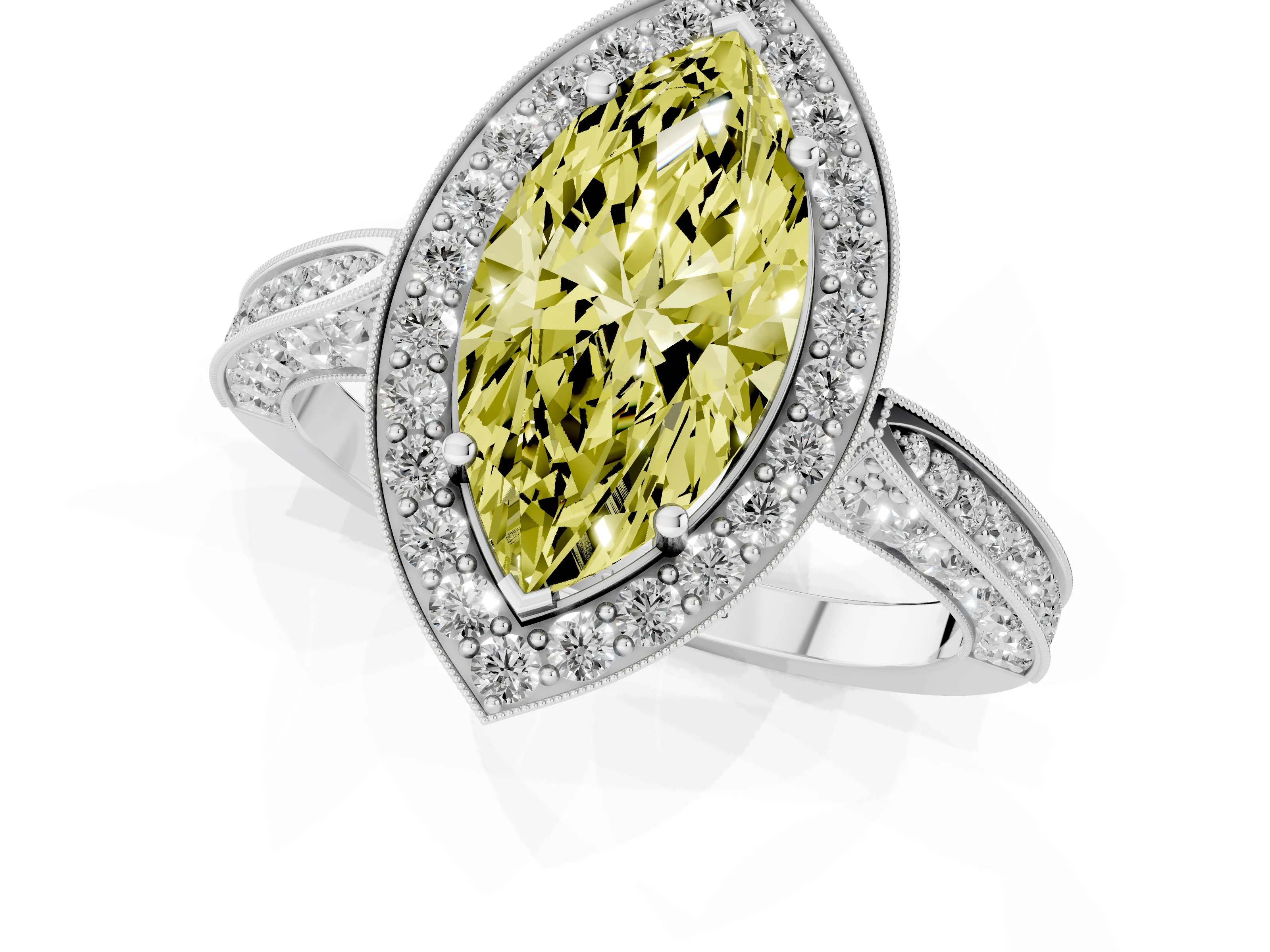 Fancy Yellow Marquise Cut Diamond Halo Engagement Ring Set in White gold with Accent Split Shank Band