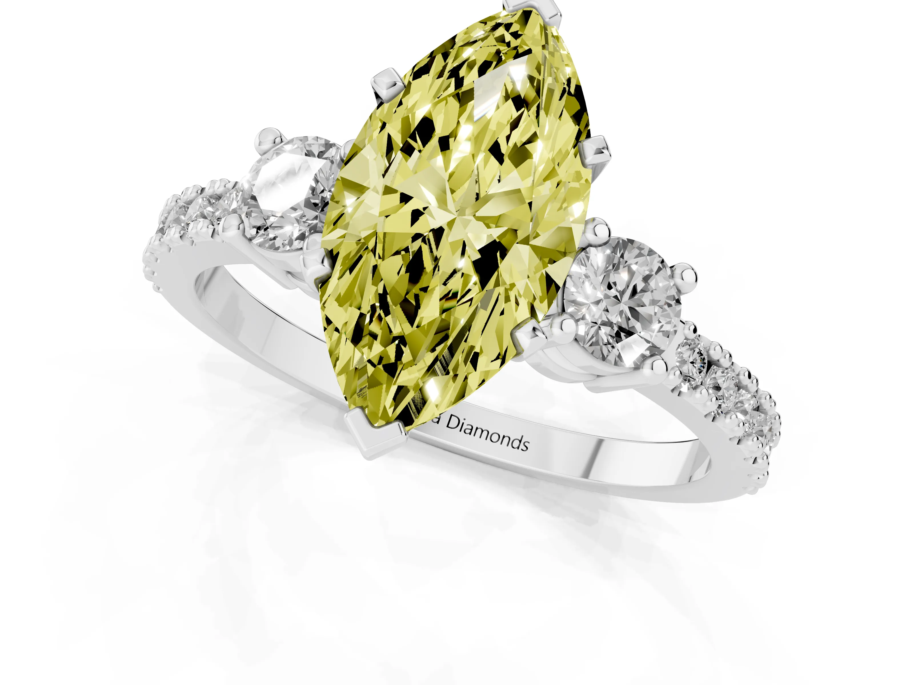 Fancy Yellow Three-Stone Marquise Cut Diamond Pavé Band Ring Set in Platinum with Prong Setting