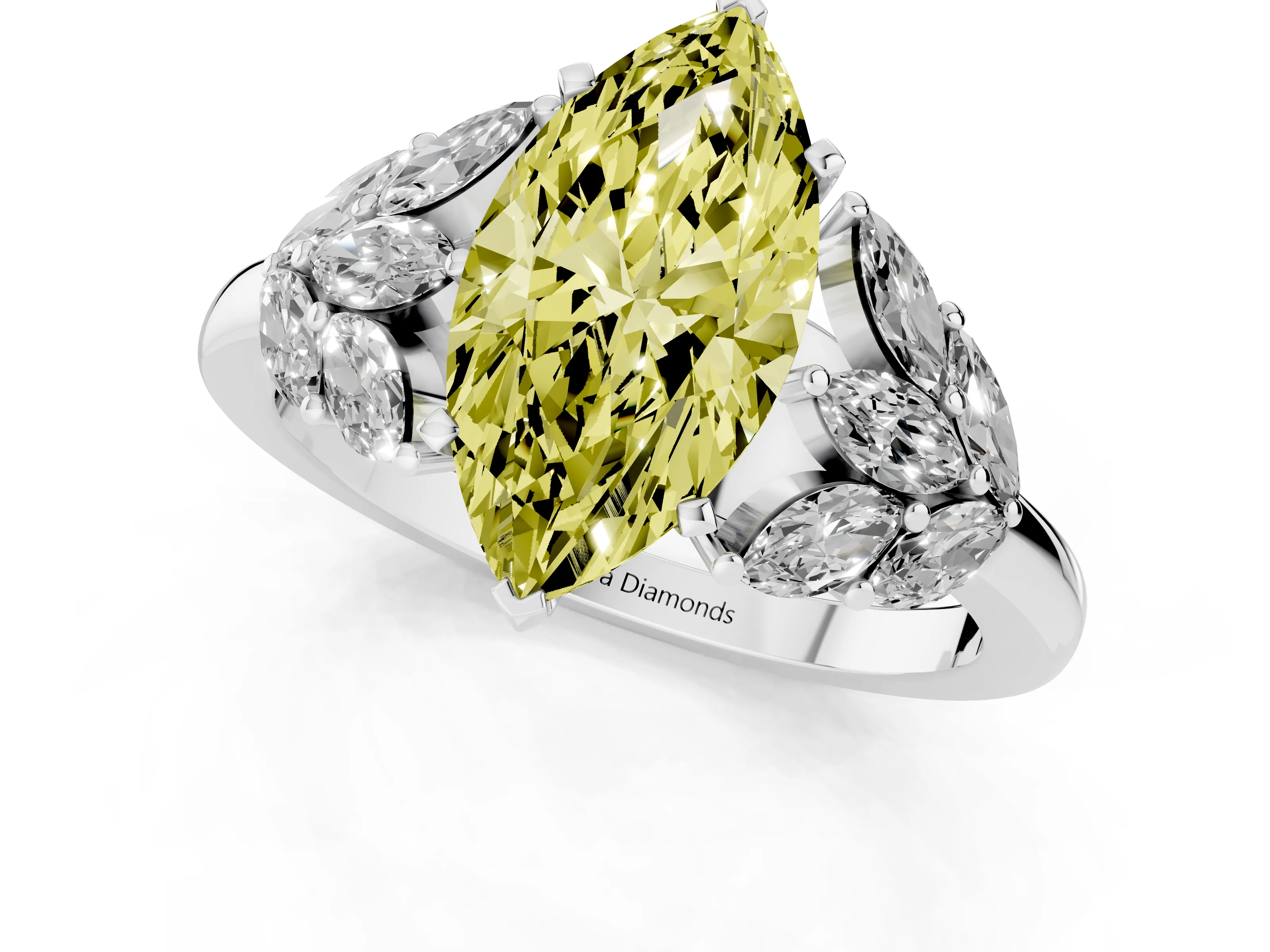 Fancy Yellow Marquise Cut Diamond Cluster Leaf Design Ring Set in Platinum with Prong Setting