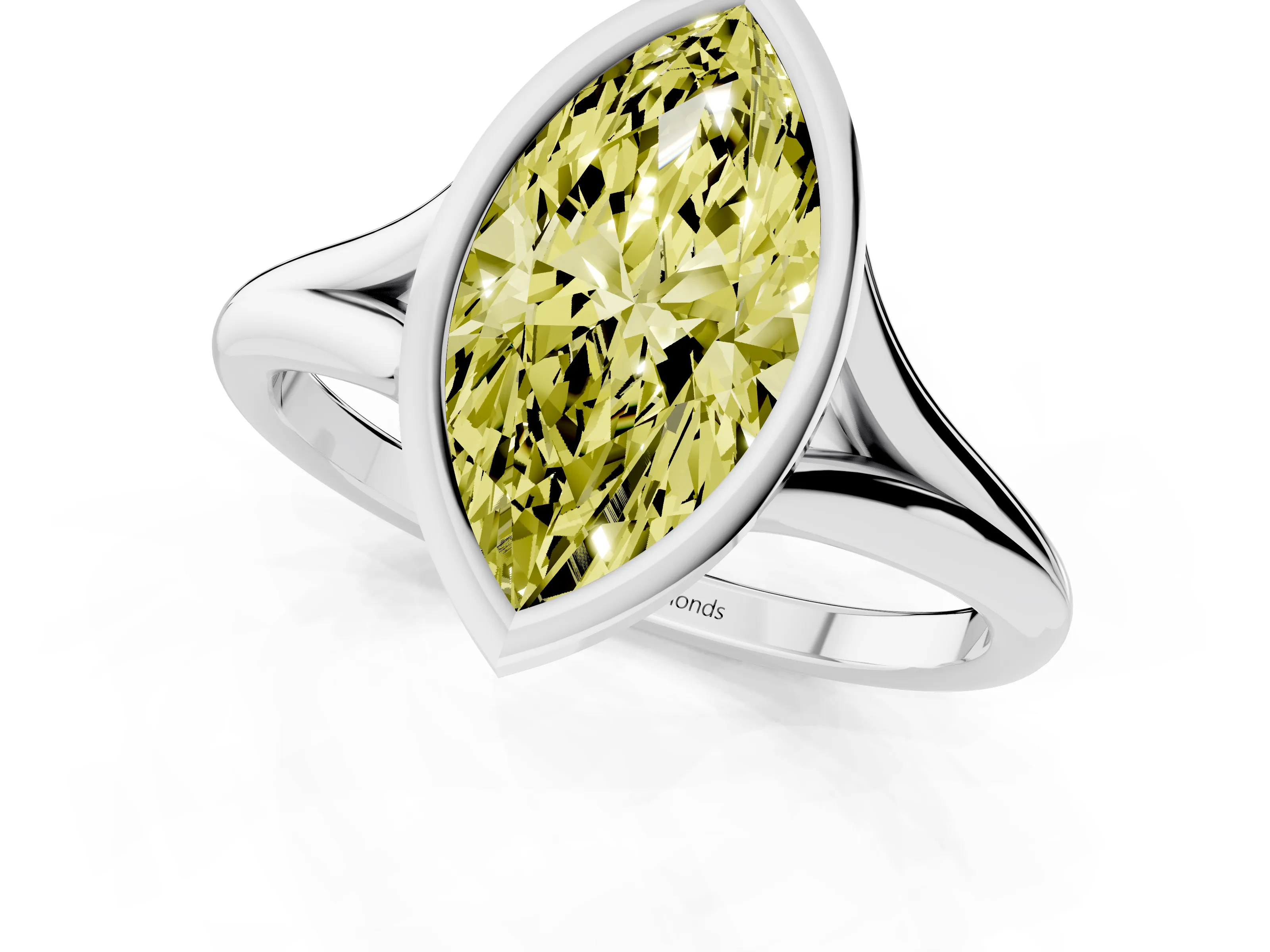 Fancy Yellow Bezel Set Marquise Cut Diamond Solitaire Ring Set in White gold with Tapered Band
