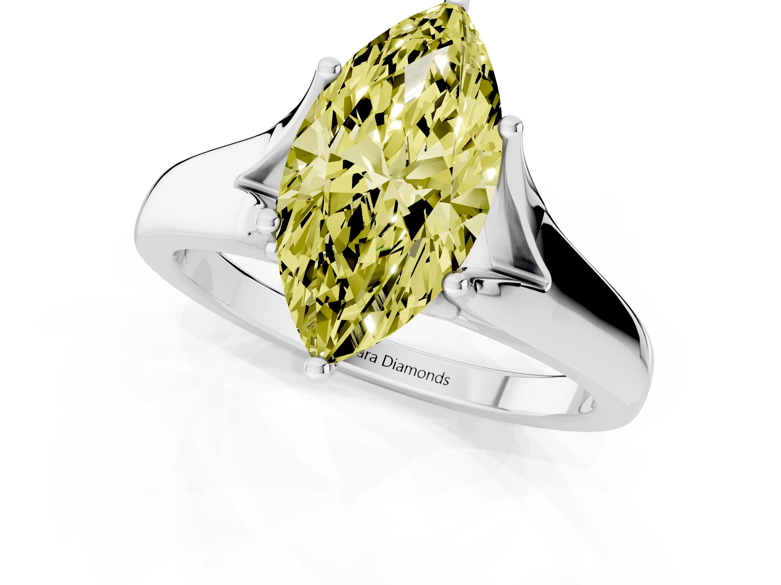 Fancy Yellow Marquise Cut Diamond Solitaire Ring Set in White gold with Arched Cathedral Band and Prong Setting