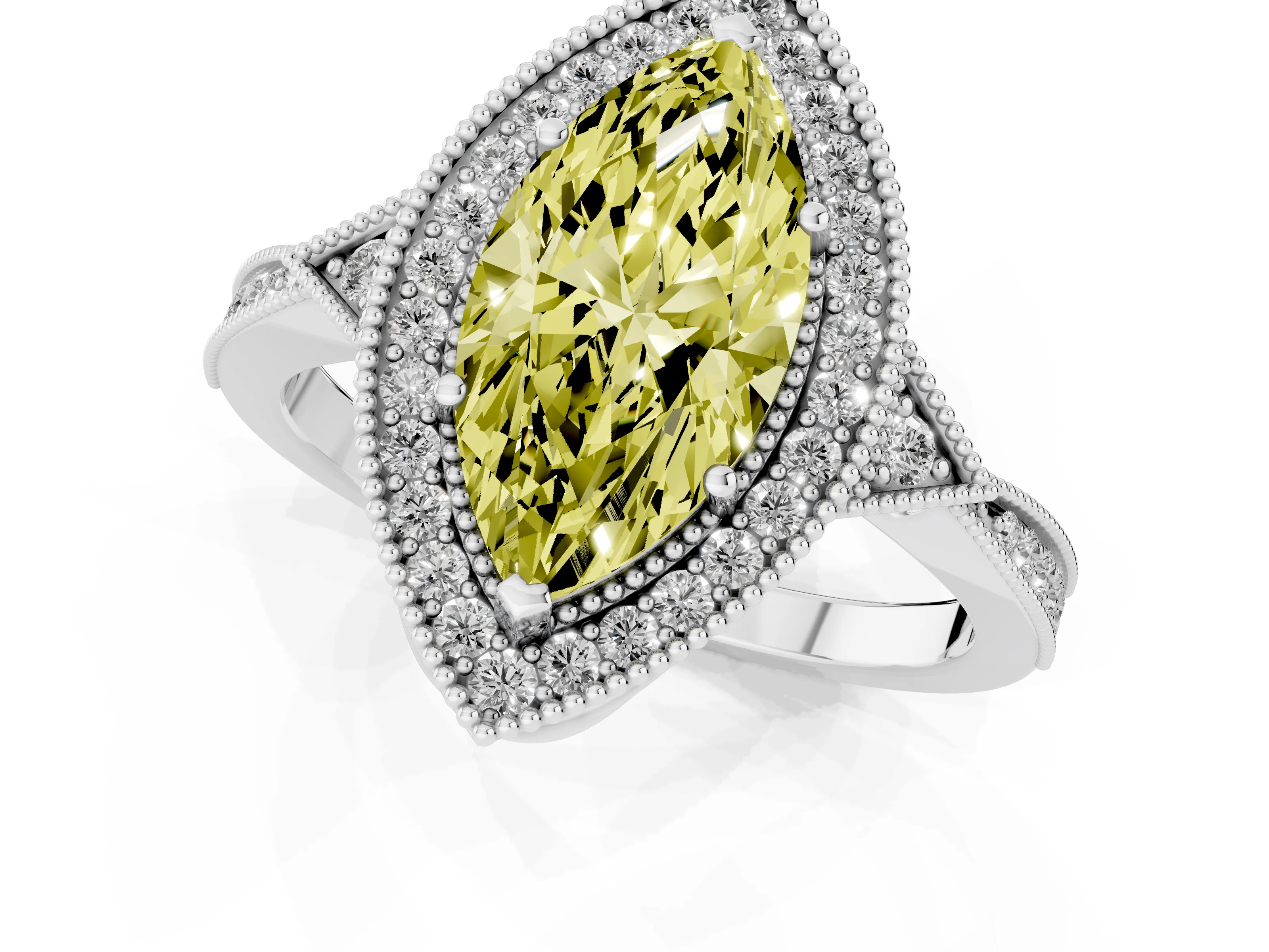 Fancy Yellow Marquise Cut Diamond Halo Engagement Ring Set in Platinum with Milgrain Pavé Band – second view