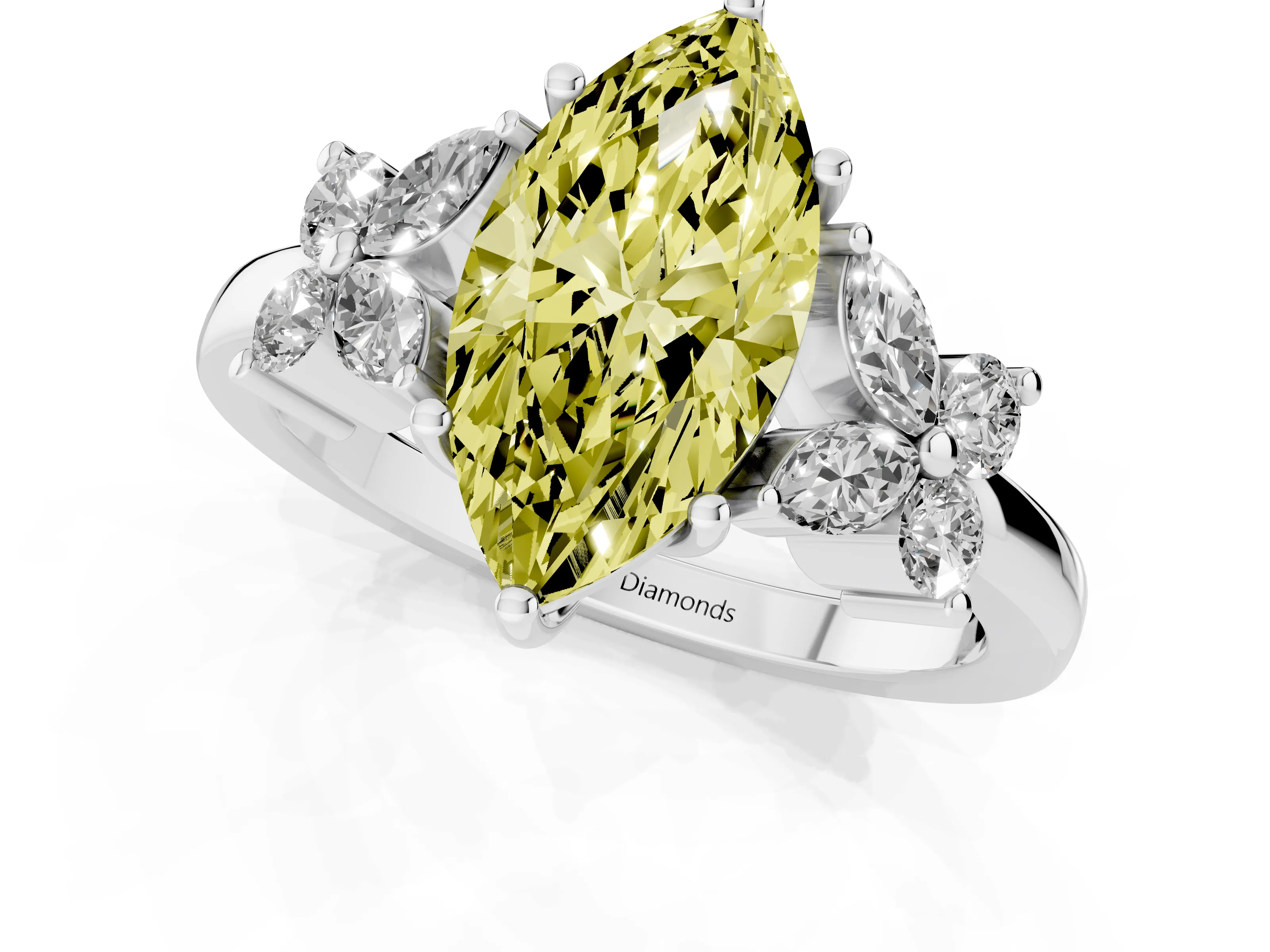 Fancy Yellow Marquise Cut Diamond Floral Cluster Ring Set in Silver with Marquise Petals and Prong Setting
