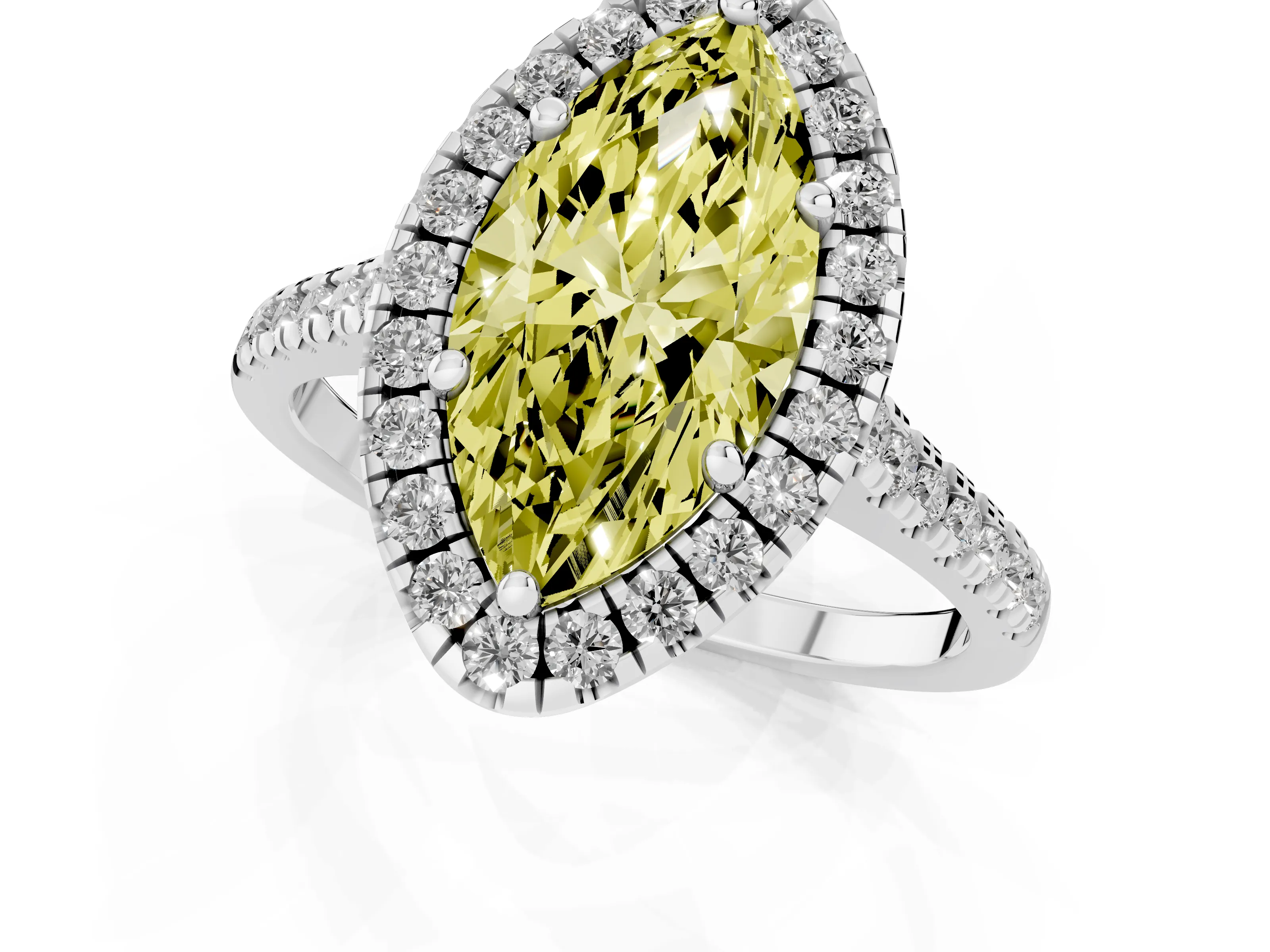 Fancy Yellow Marquise Cut Diamond Cushion Halo Ring Set in Silver with Pavé Band