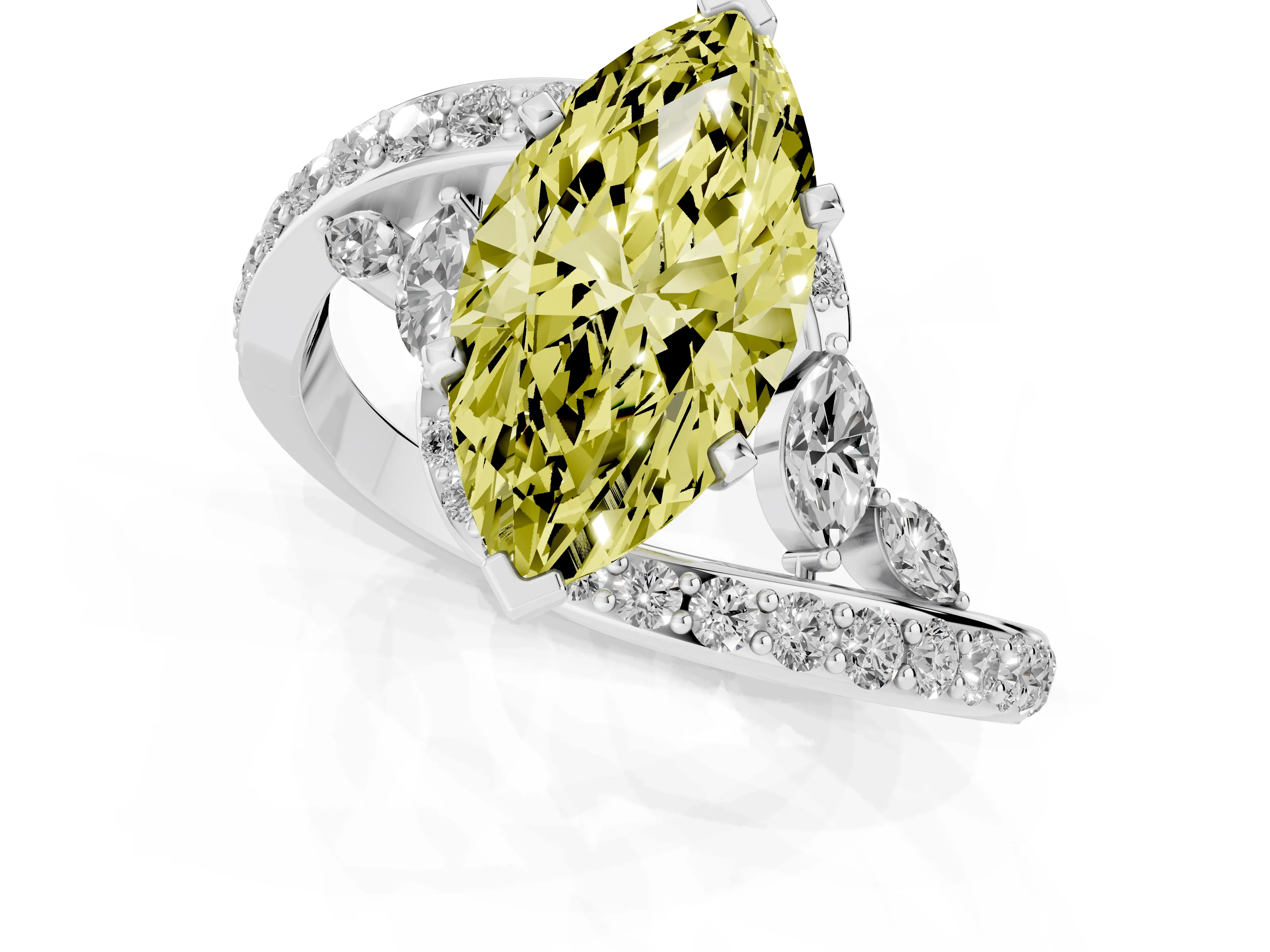 Fancy Yellow Marquise Cut Diamond Solitaire Ring Set in Platinum with Pavé Twist Band and Secure Prong Setting