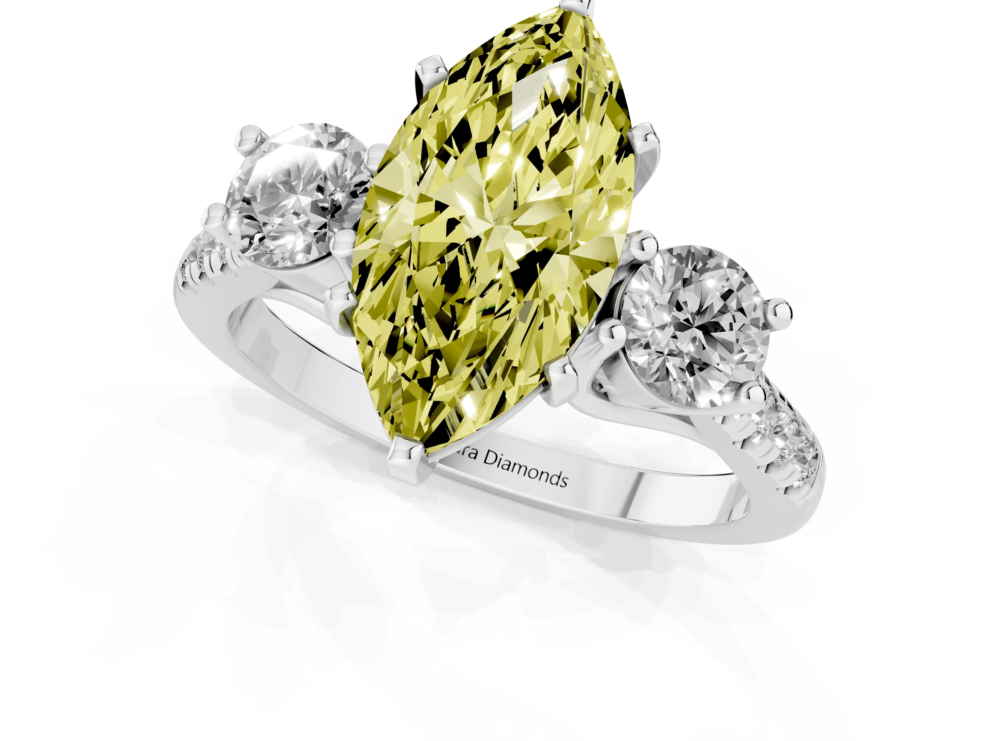 Fancy Yellow Three-Stone Marquise Cut Diamond Pavé Band Ring Set in Platinum with Prong-Set Trio