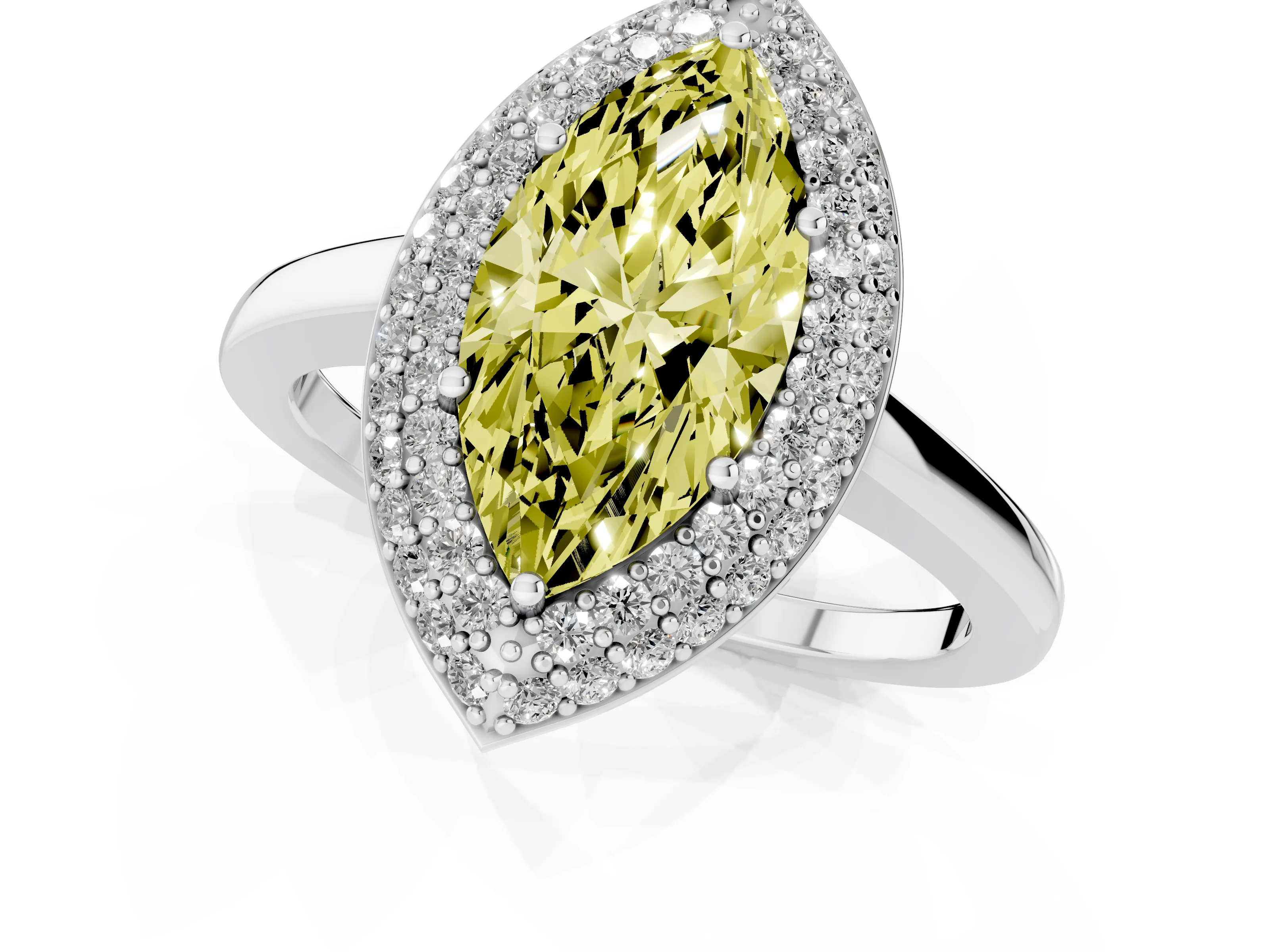 Fancy Yellow Marquise Cut Diamond Halo Engagement Ring Set in Platinum with Solitaire Band and Prong Setting