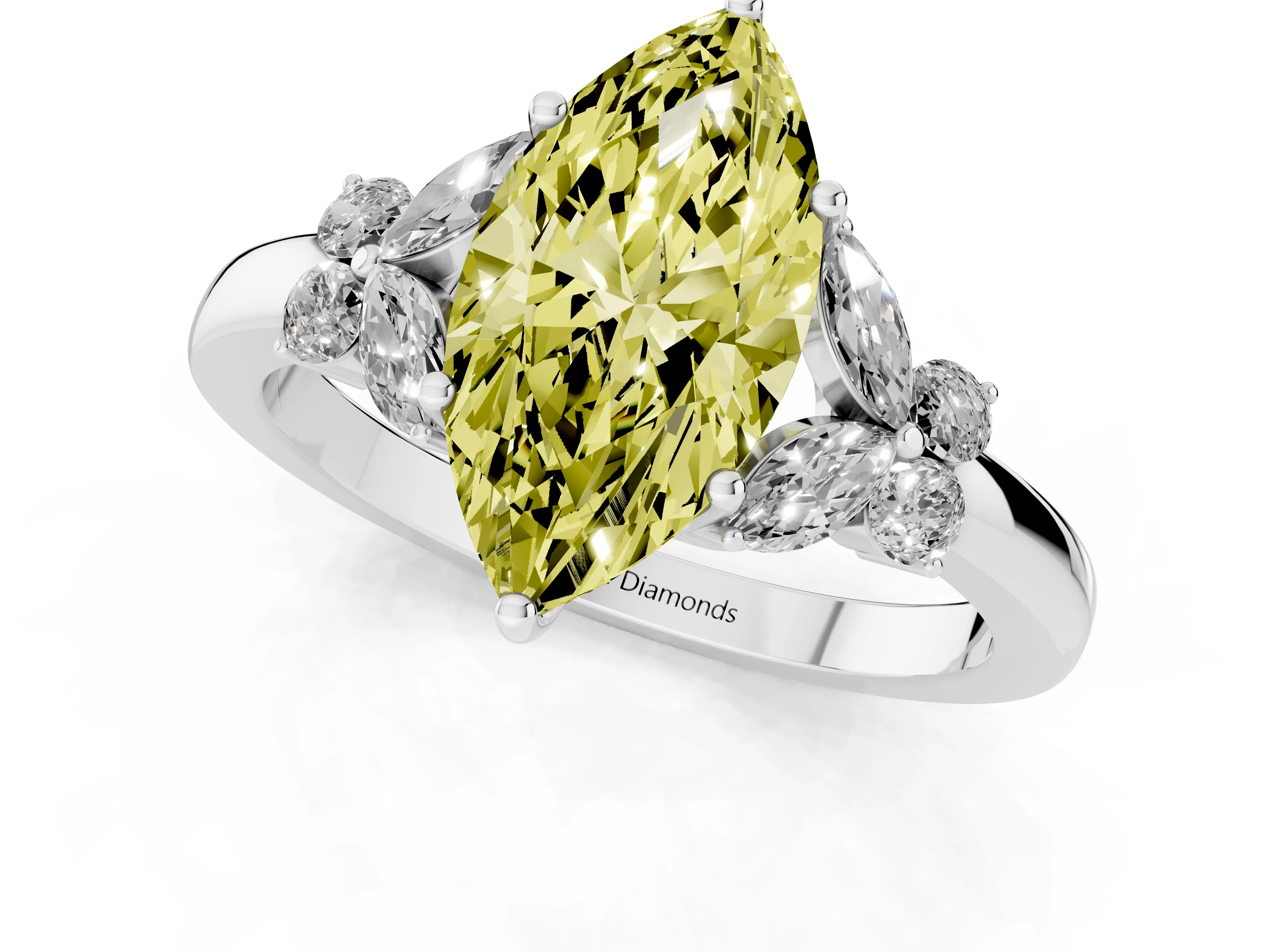 Fancy Yellow Marquise Cut Diamond Solitaire Floral Ring Set in Platinum with Marquise Petals and Prong Setting