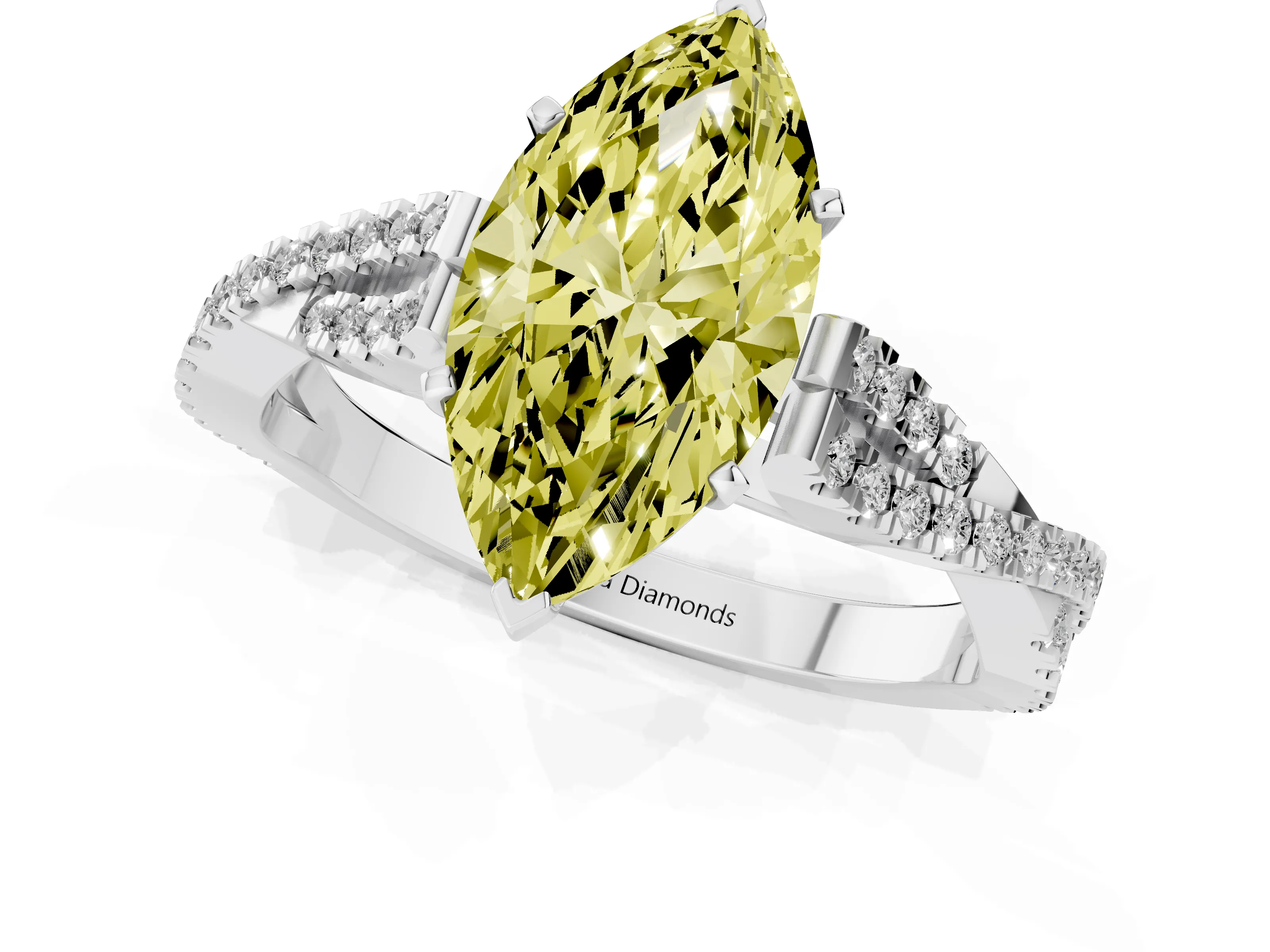 Fancy Yellow Marquise Cut Diamond Solitaire Engagement Ring Set in Platinum with Twisted Pavé Band and Prong Setting