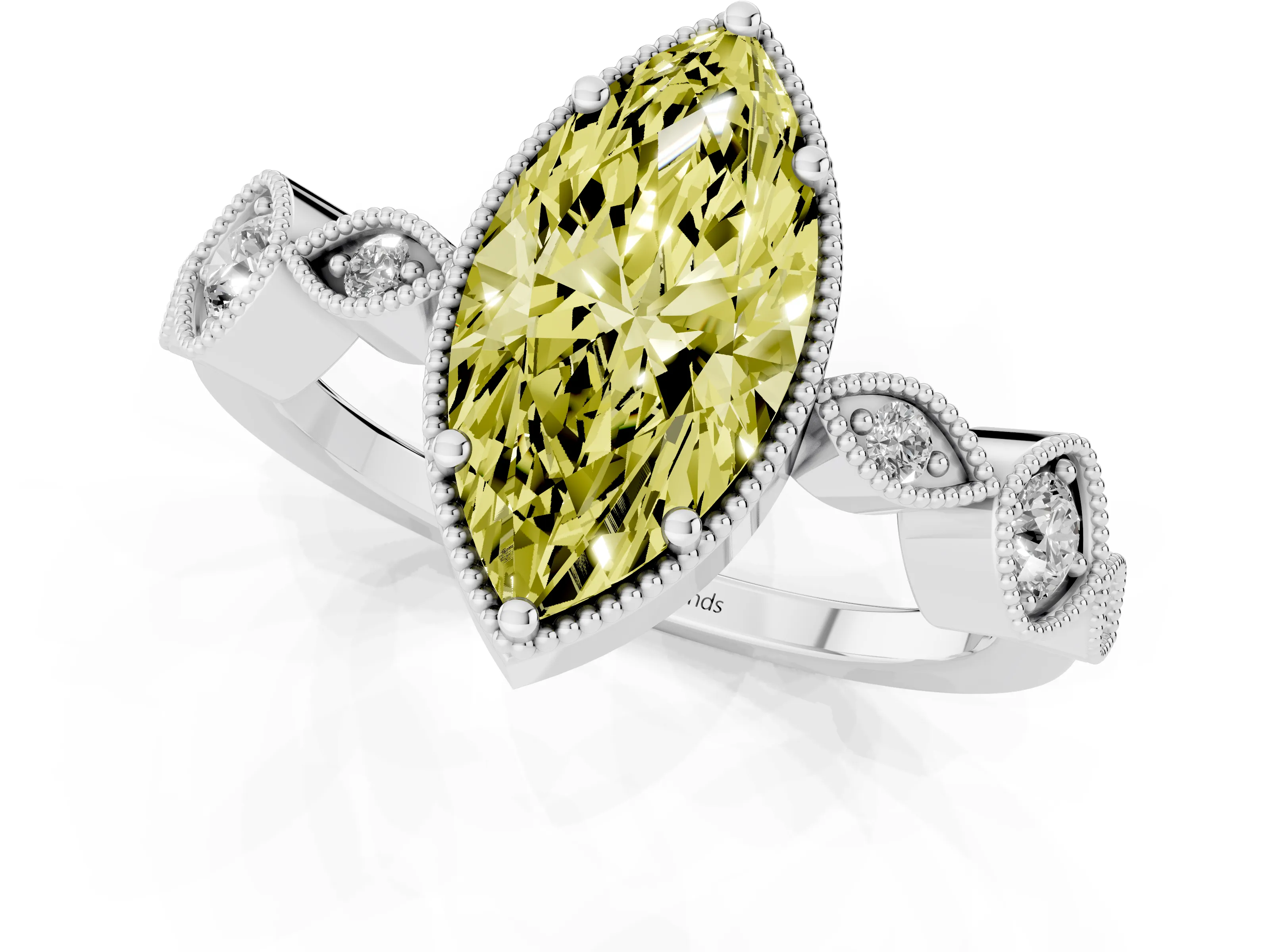 Fancy Yellow Marquise Cut Diamond Vintage-Inspired Milgrain Ring Set in Silver with Marquise Stations of Round Accents