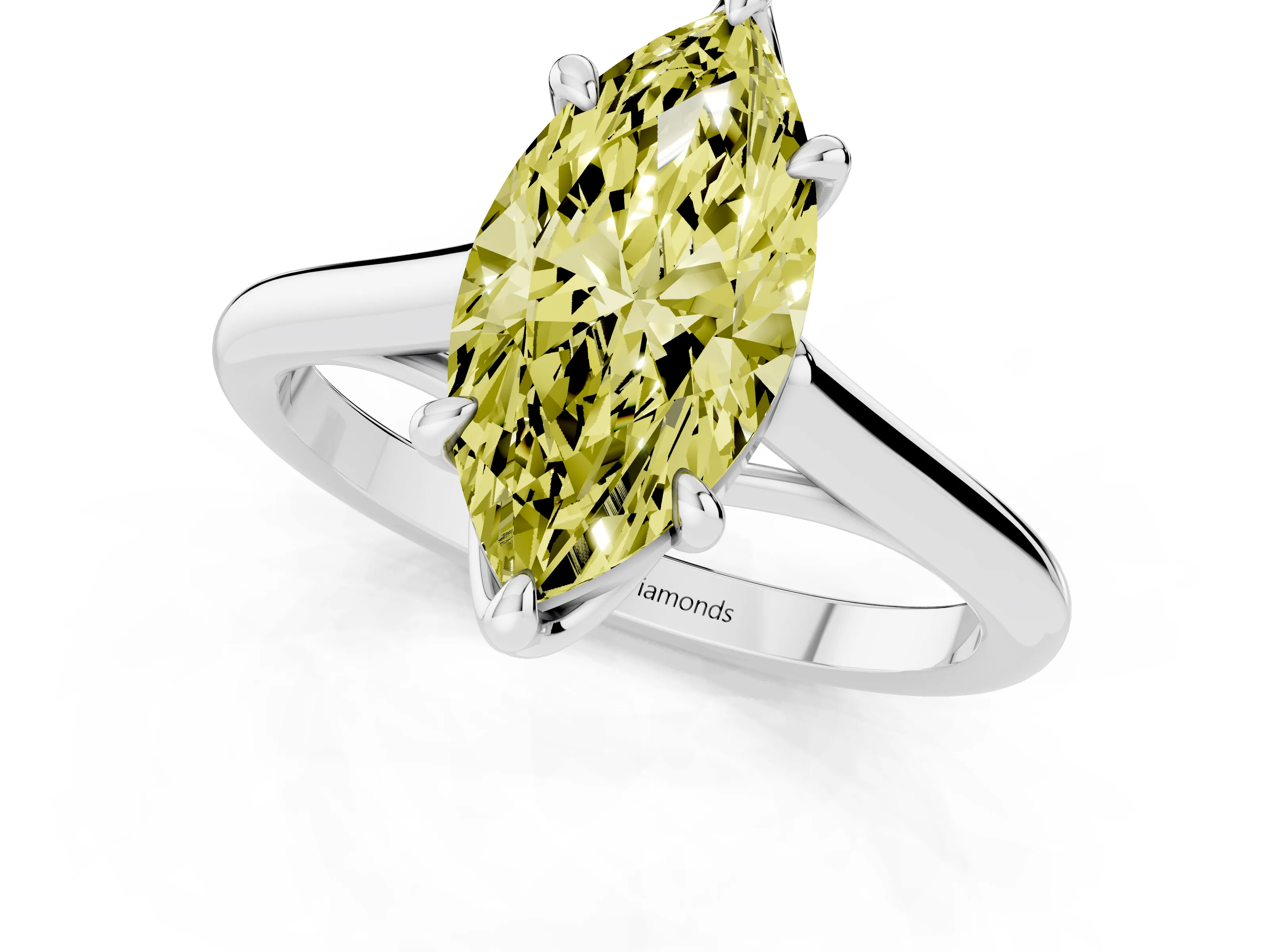 Fancy Yellow Marquise Cut Diamond Solitaire Engagement Ring Set in Platinum with Prong Setting and Plain Classic Band