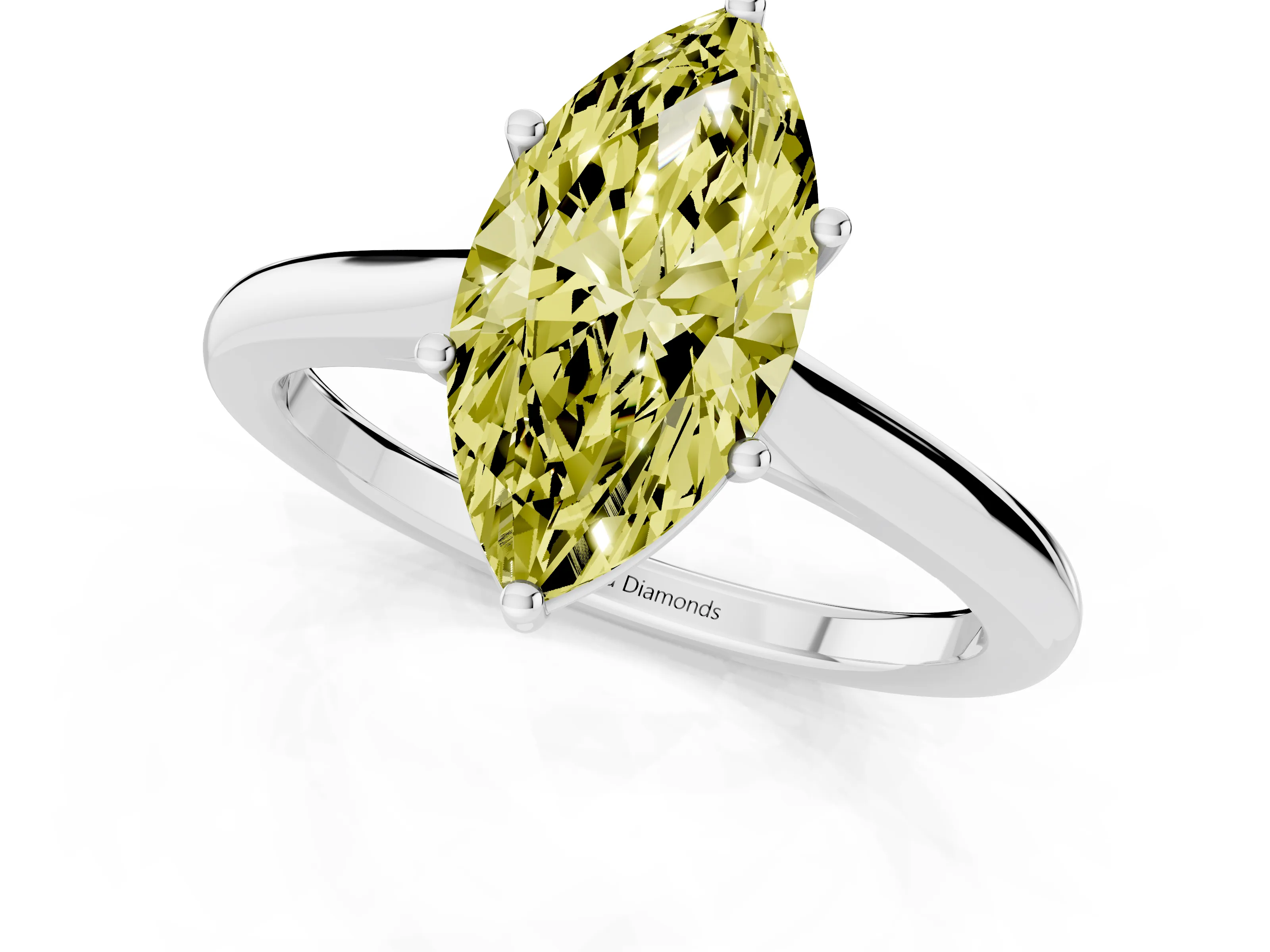 Fancy Yellow Marquise Cut Diamond Solitaire Ring Set in Platinum with Cathedral Band and Prong Setting