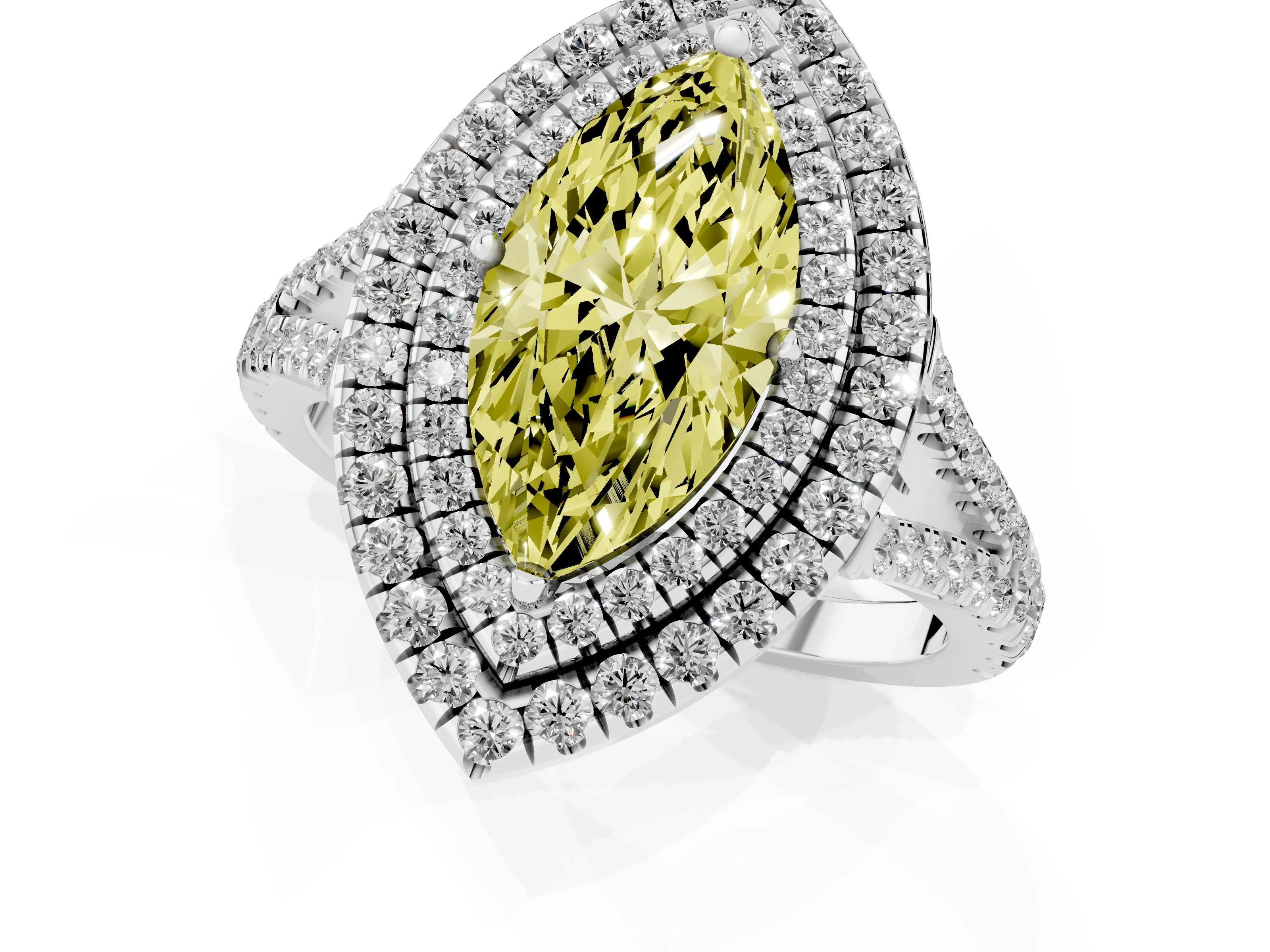 Fancy Yellow Marquise Cut Diamond Double Halo Ring Set in Platinum with Pavé Band