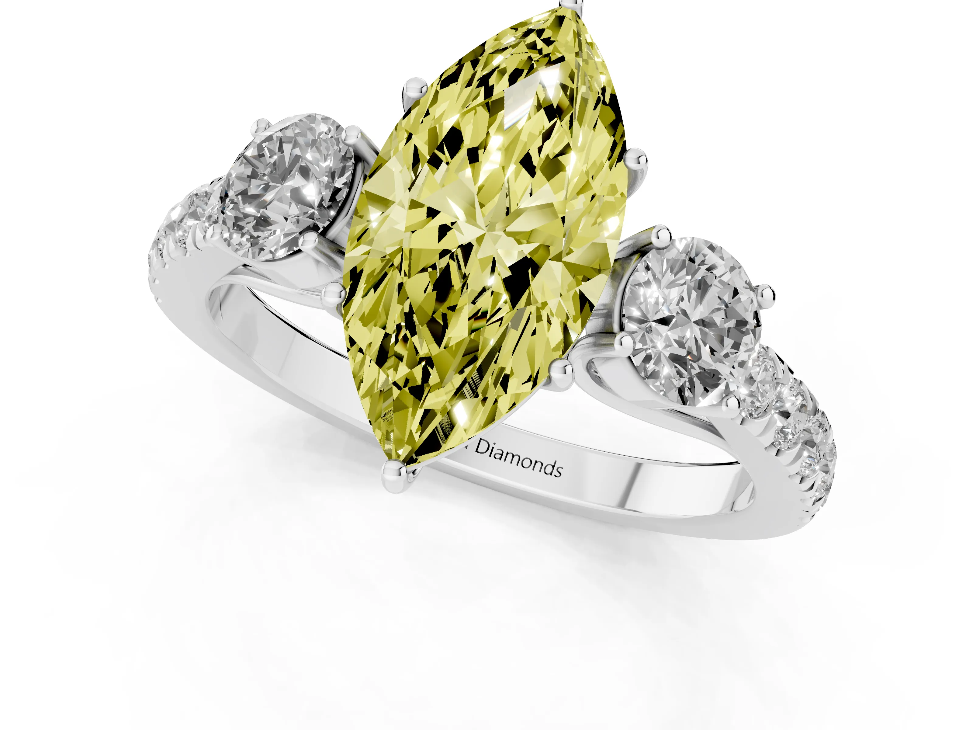 Fancy Yellow Marquise Cut Diamond Three-Stone Ring Set in Silver with Round Side Stones and Delicate Pavé Band
