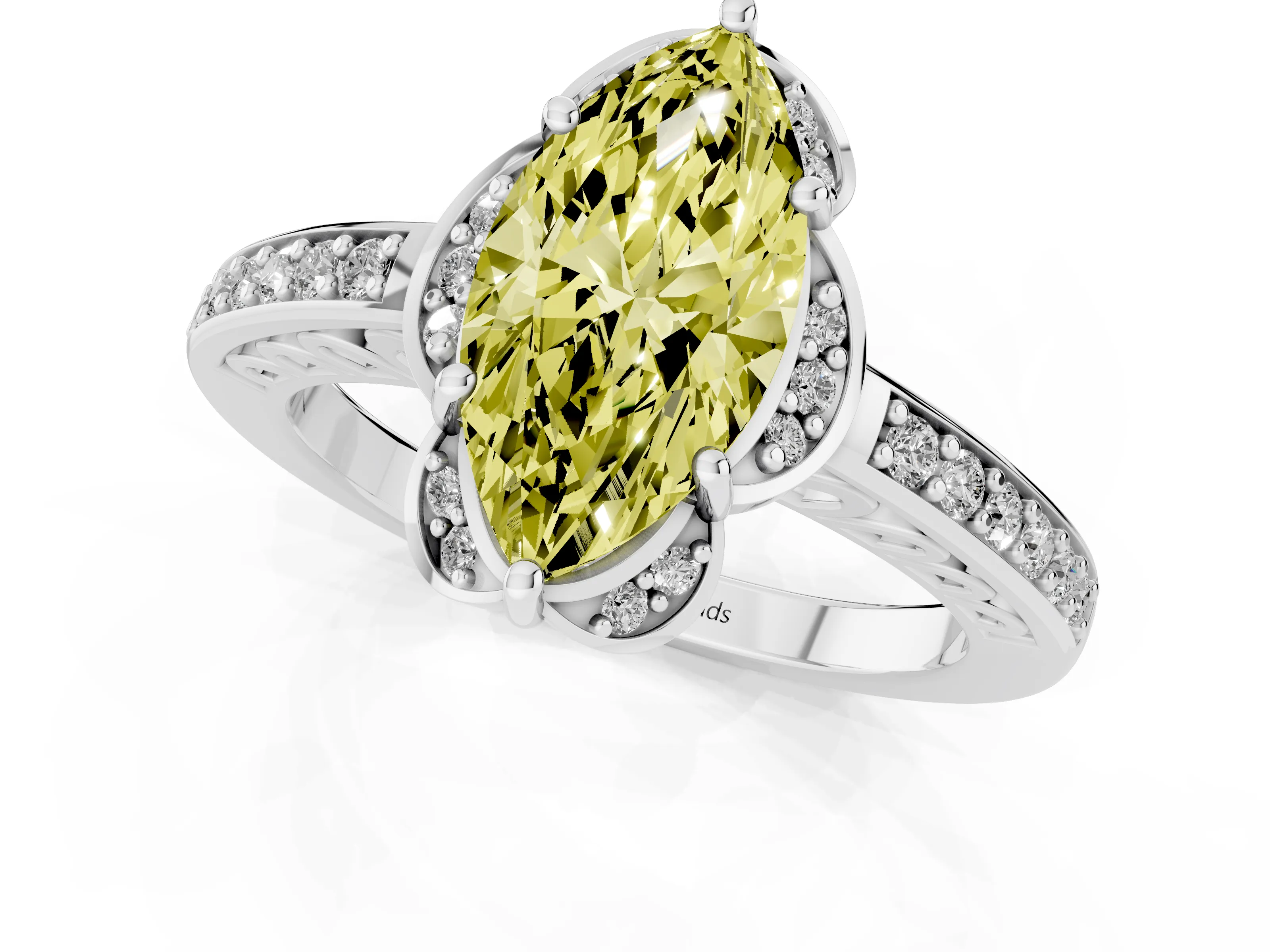 Fancy Yellow Marquise Cut Diamond Halo Ring Set in Silver with Channel Set Band and Prong Setting