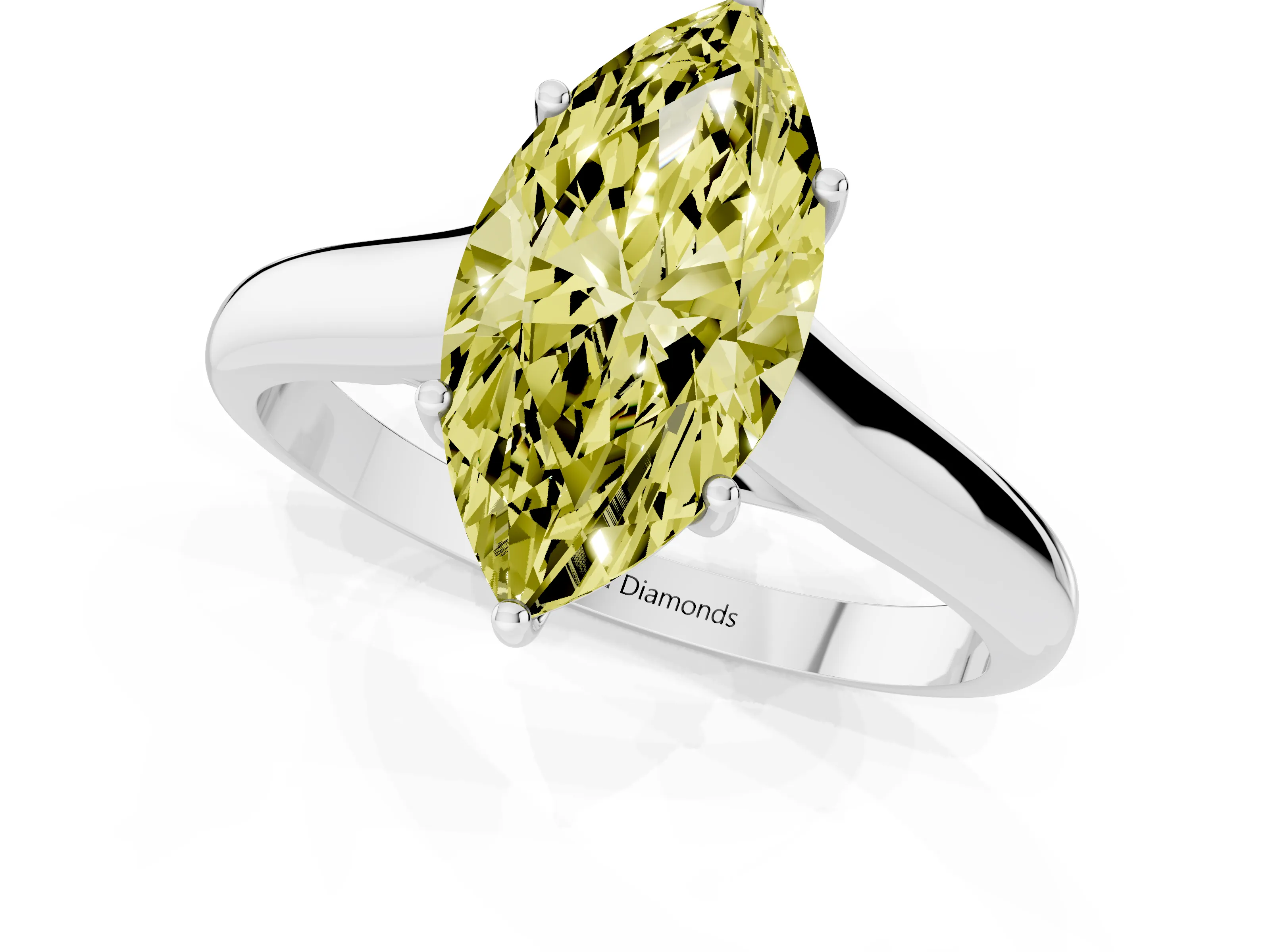 Fancy Yellow Marquise Cut Diamond Solitaire Engagement Ring Set in White gold with Subtly Tapered Band and Prong Setting