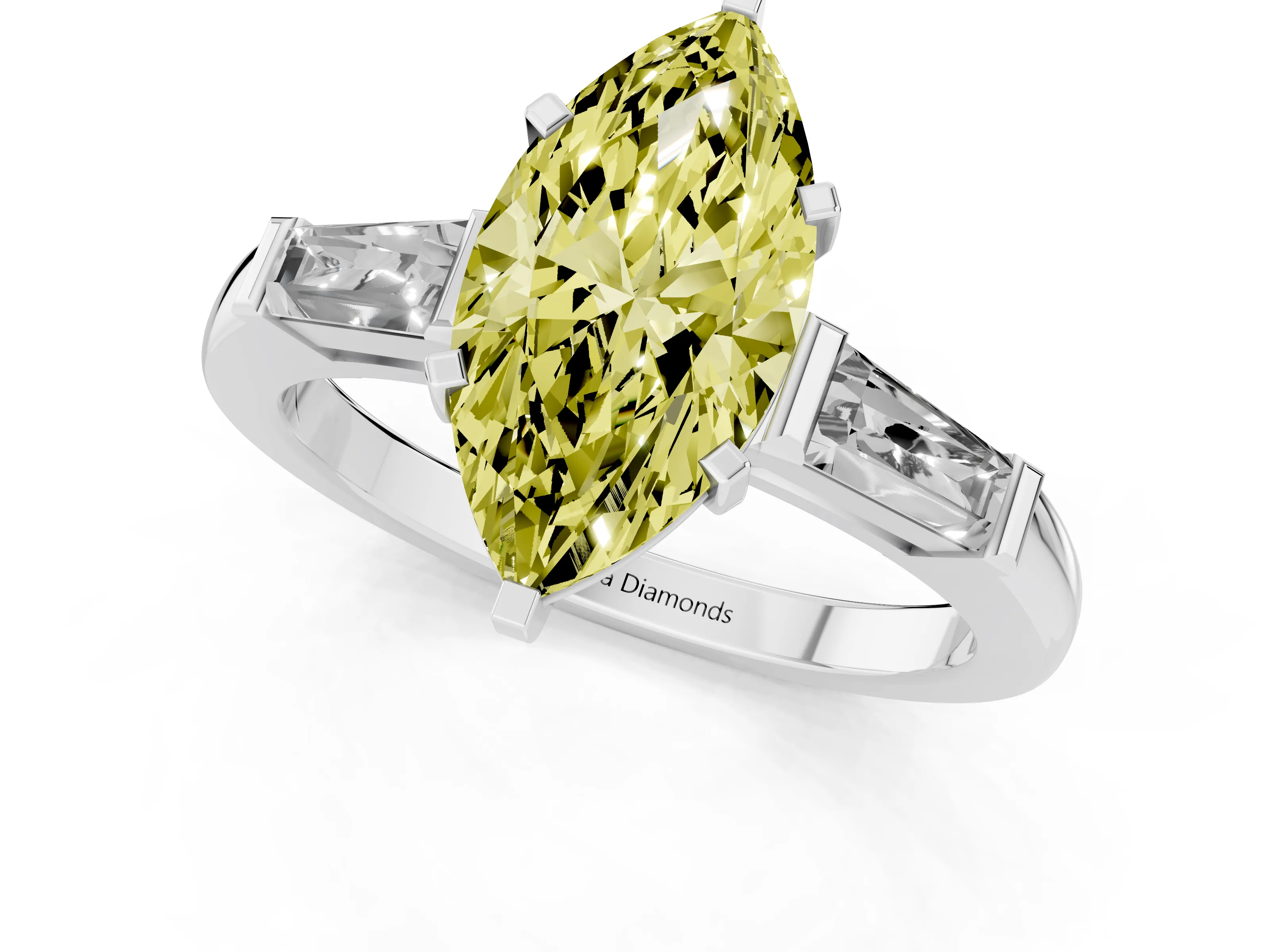 Fancy Yellow Marquise Cut Diamond Solitaire Ring Set in Platinum with Tapered Baguette Side Stones and Prong Setting