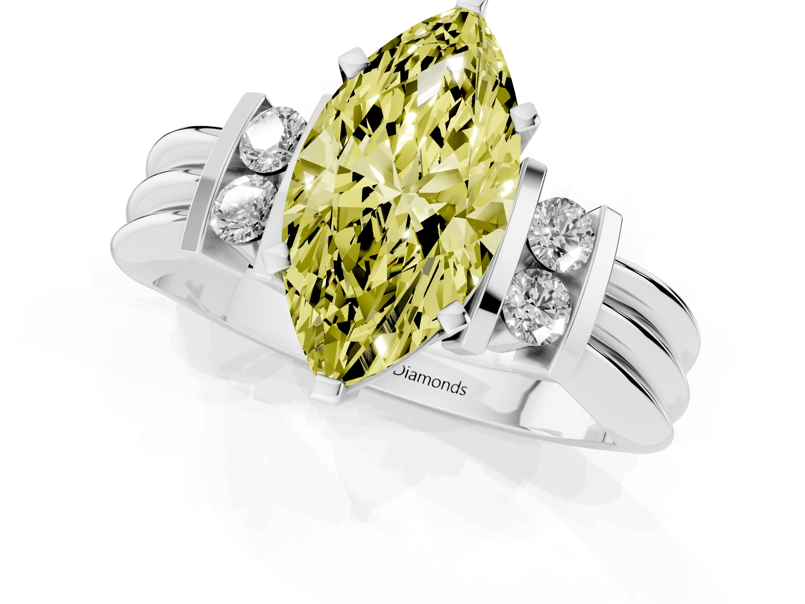 Fancy Yellow Three-Stone Marquise Cut Diamond Channel Set Ring Set in Silver with Bar Prongs