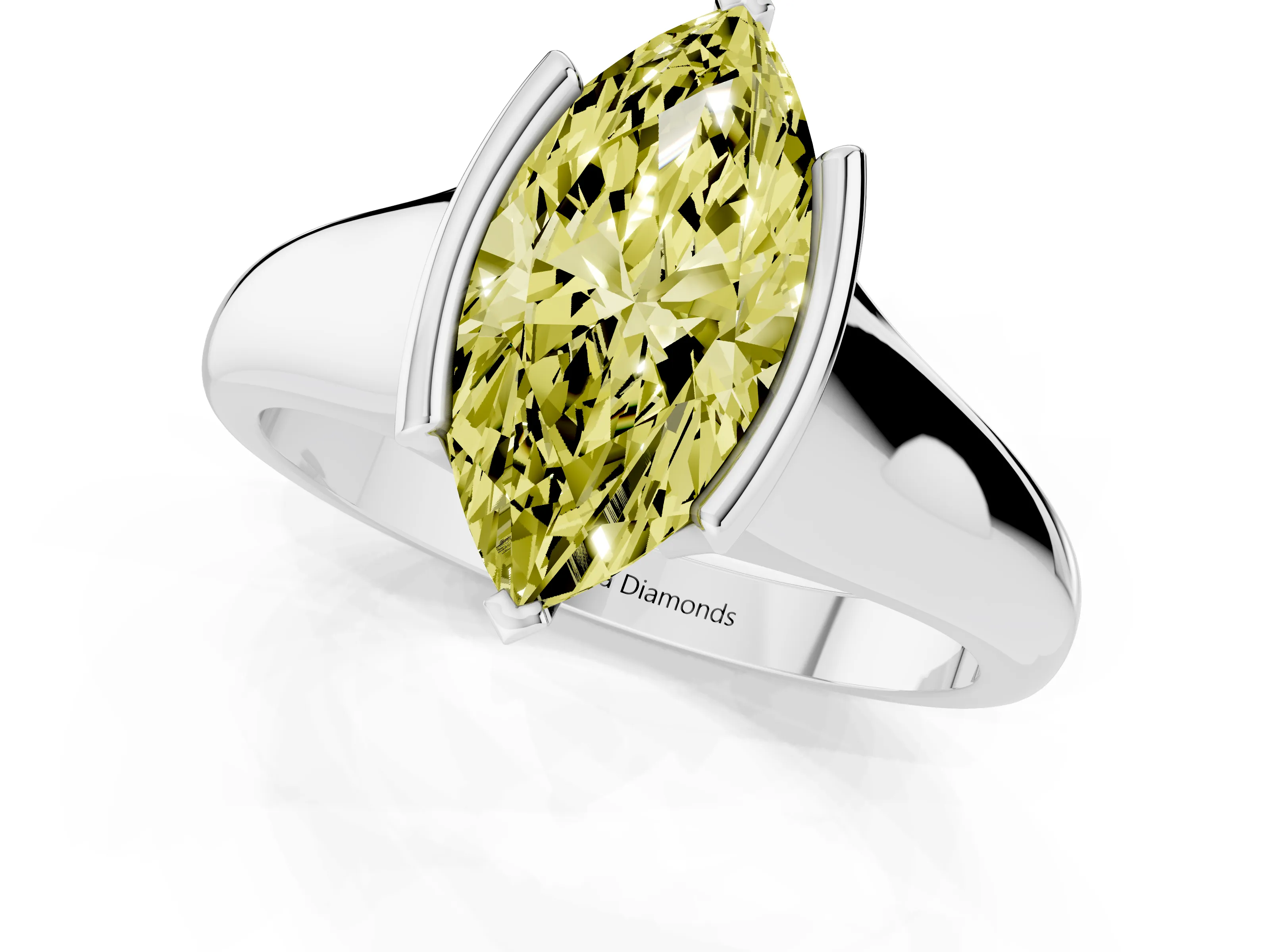 Fancy Yellow Marquise Cut Diamond Solitaire Tension Set Ring Set in White gold with Split Shank Band