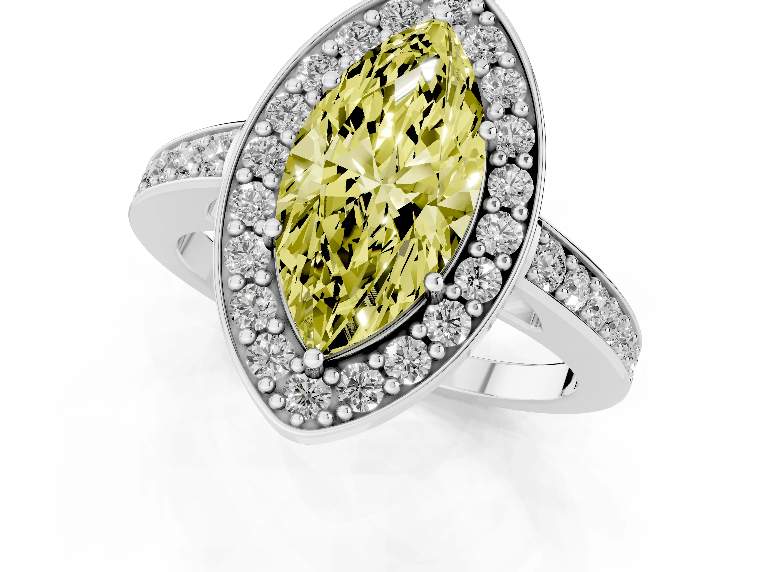 Fancy Yellow Marquise Cut Diamond Halo Pavé Engagement Ring Set in Silver with Bezel Setting