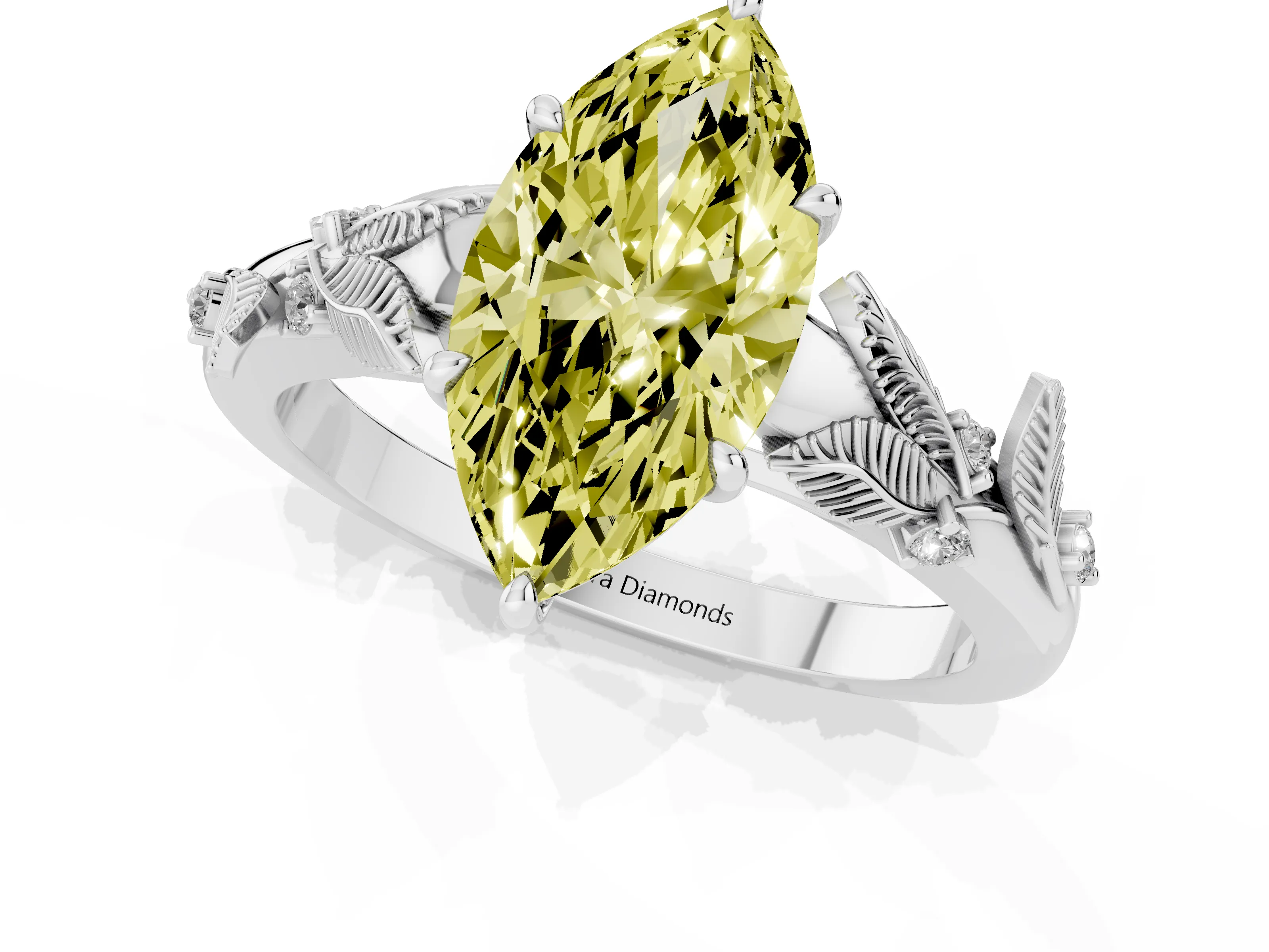 Fancy Yellow Marquise Cut Diamond Solitaire Ring Set in White gold with Leaf Motif Band