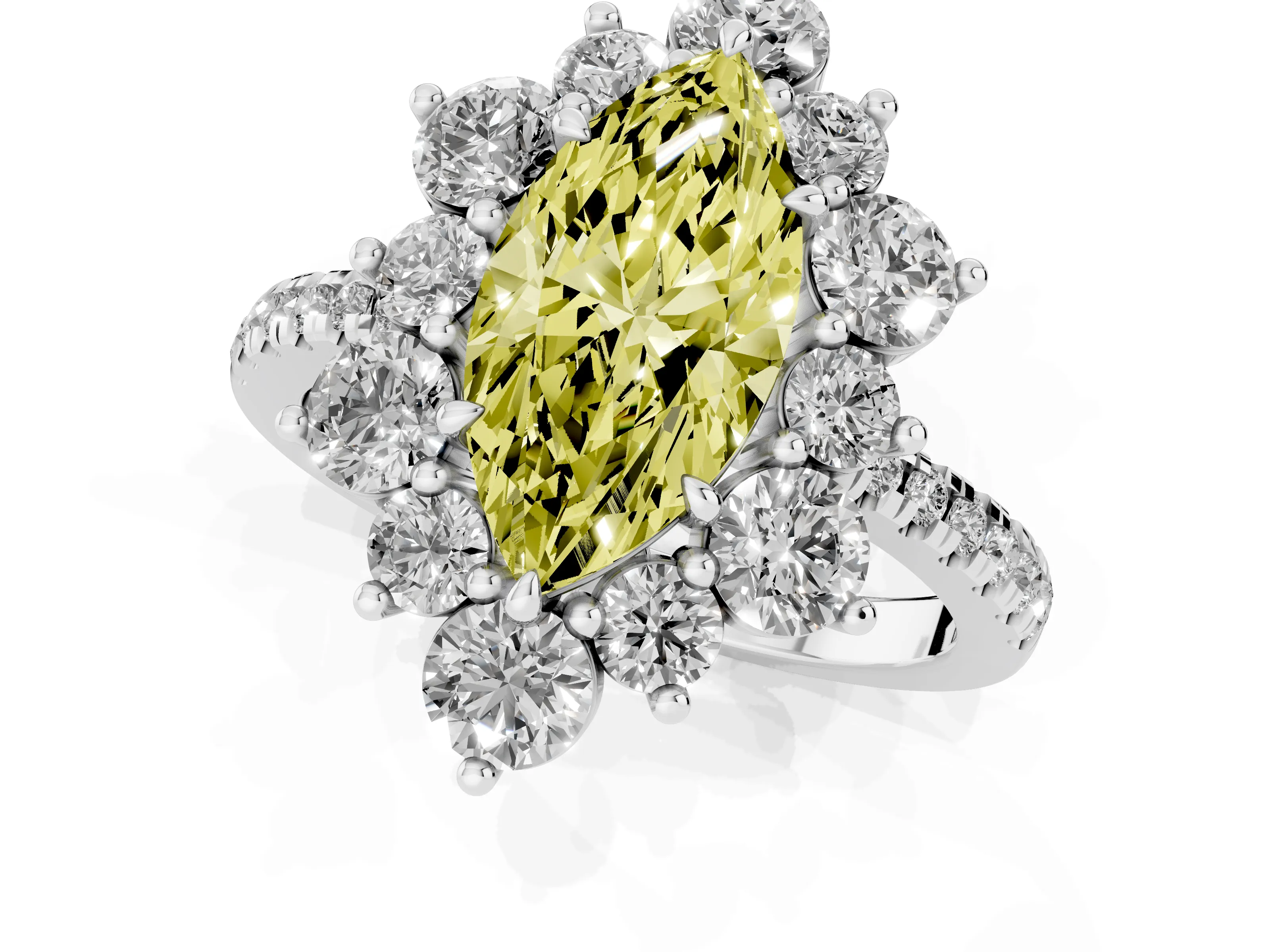 Fancy Yellow Marquise Cut Diamond Floral Halo Ring Set in White gold with Round Pavé Band and Prong Setting
