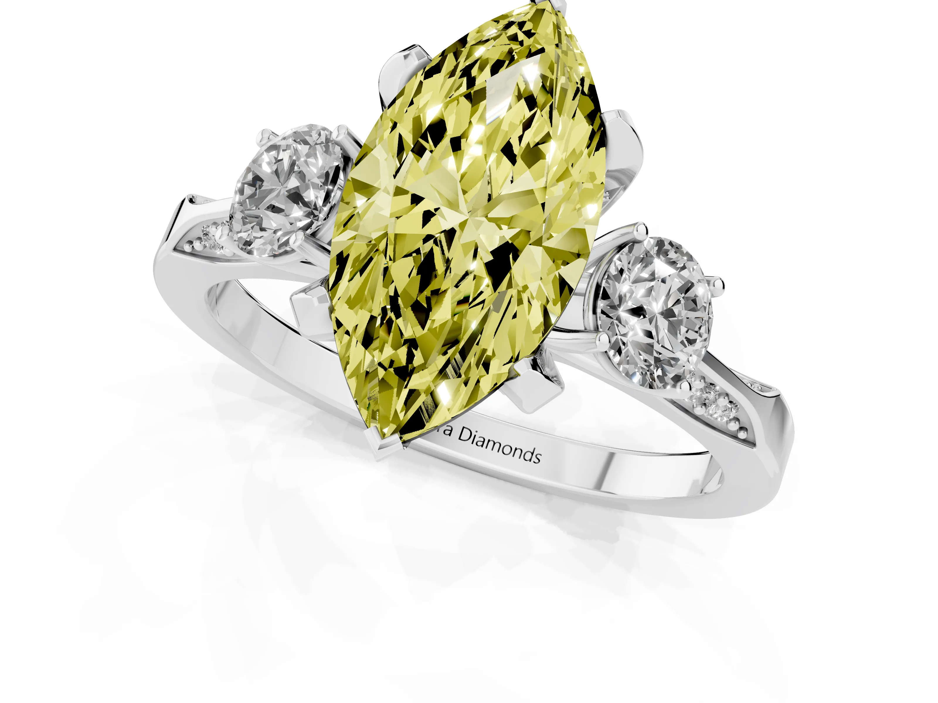 Fancy Yellow Marquise Cut Diamond Three-Stone Ring Set in Platinum with Pavé Band and Smaller Side Stones