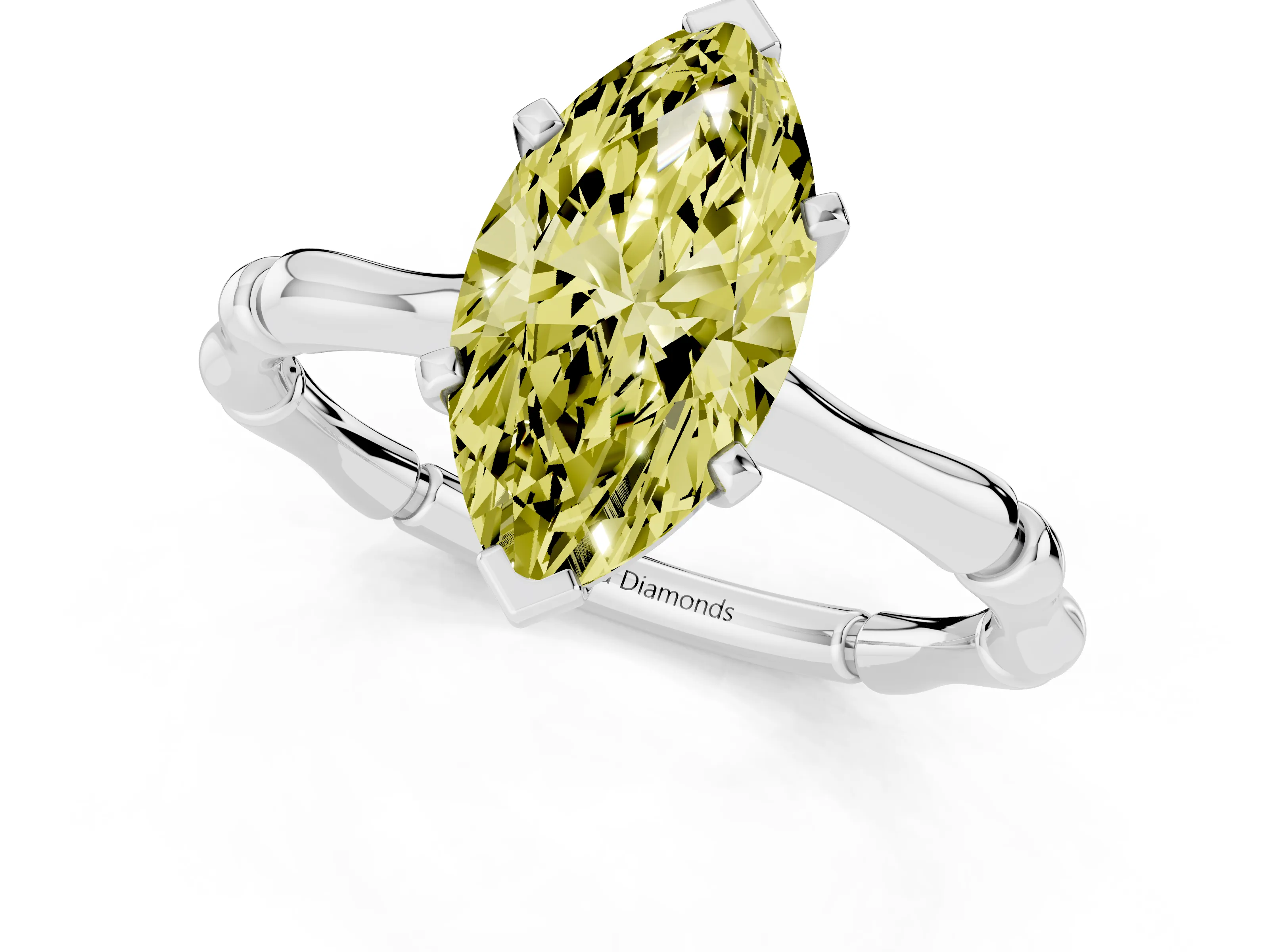 Fancy Yellow Marquise Cut Diamond Solitaire Ring Set in Silver with Bamboo Band and Prong Setting