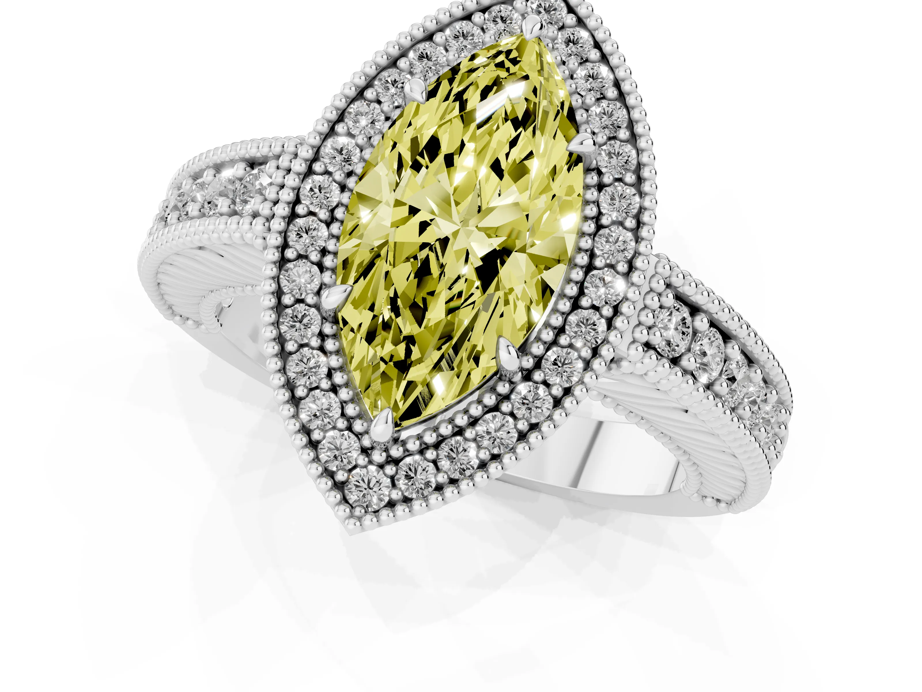 Fancy Yellow Marquise Cut Diamond Halo Ring Set in Silver with Round Accent Halo, Pavé Band and Prong Setting