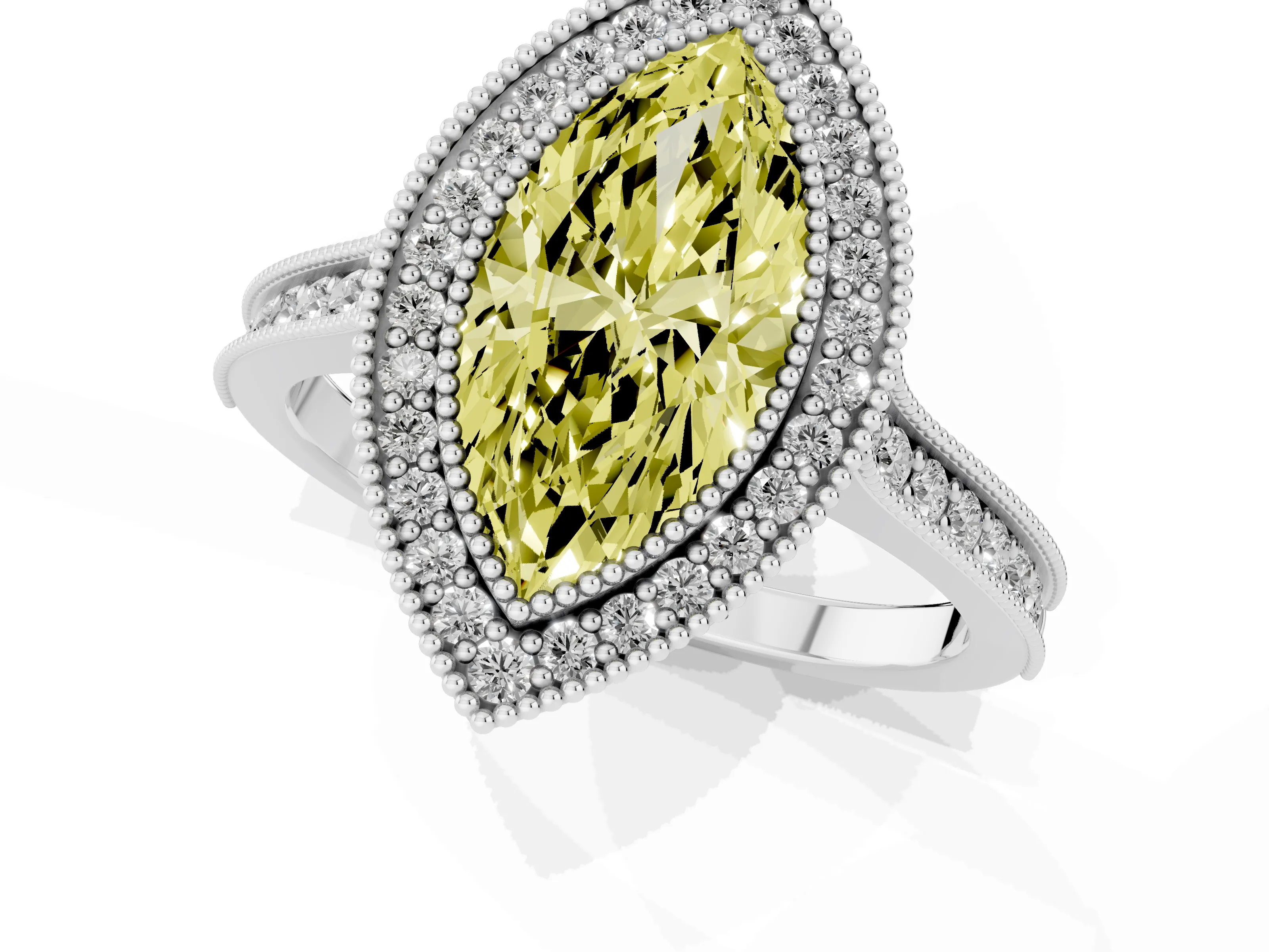 Fancy Yellow Marquise Cut Diamond Halo Milgrain Pavé Band Ring Set in Platinum with Prong Setting