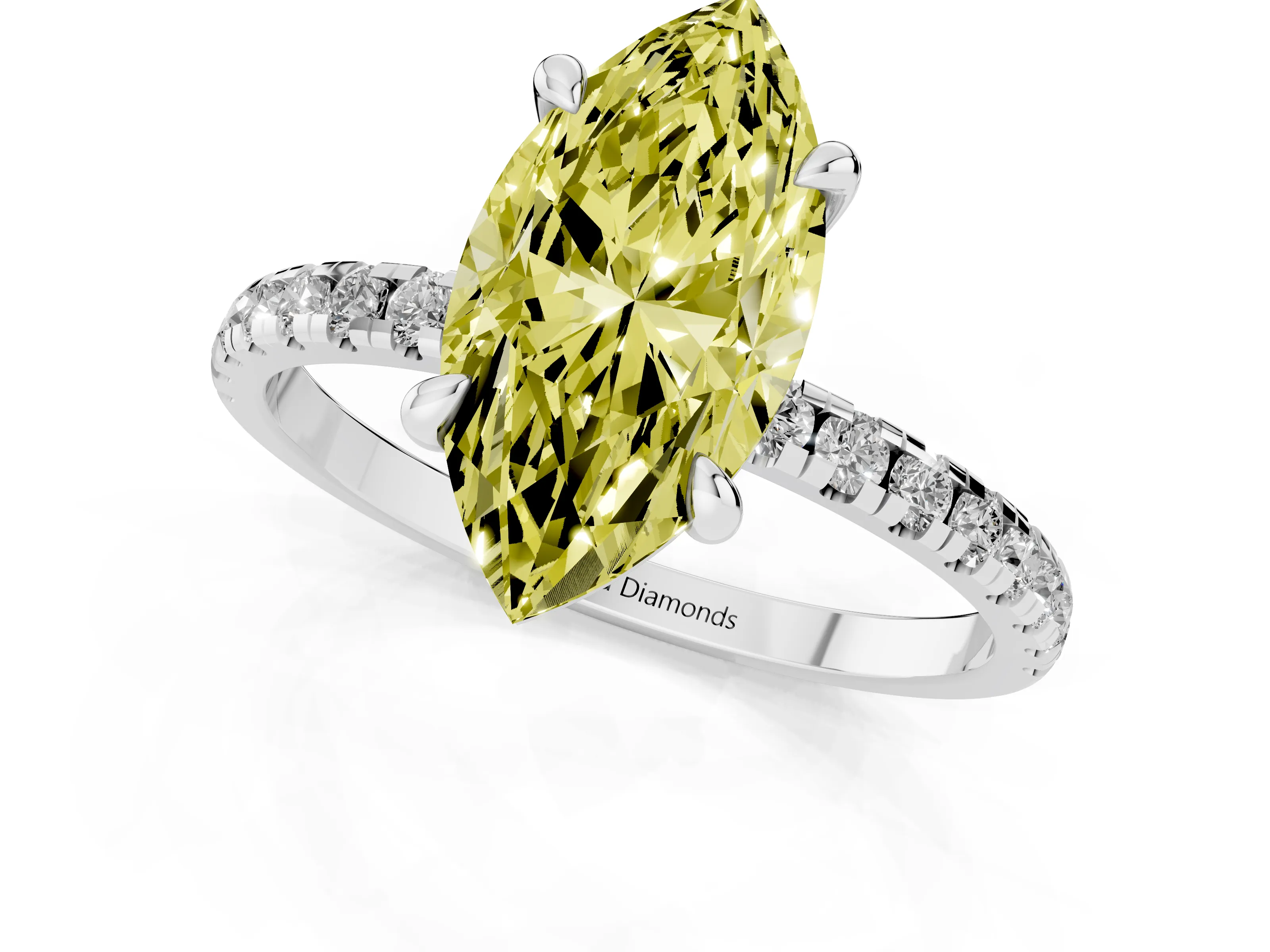 Fancy Yellow Marquise Cut Diamond Brilliant Solitaire Ring Set in White gold with Pavé Band and Prong Setting