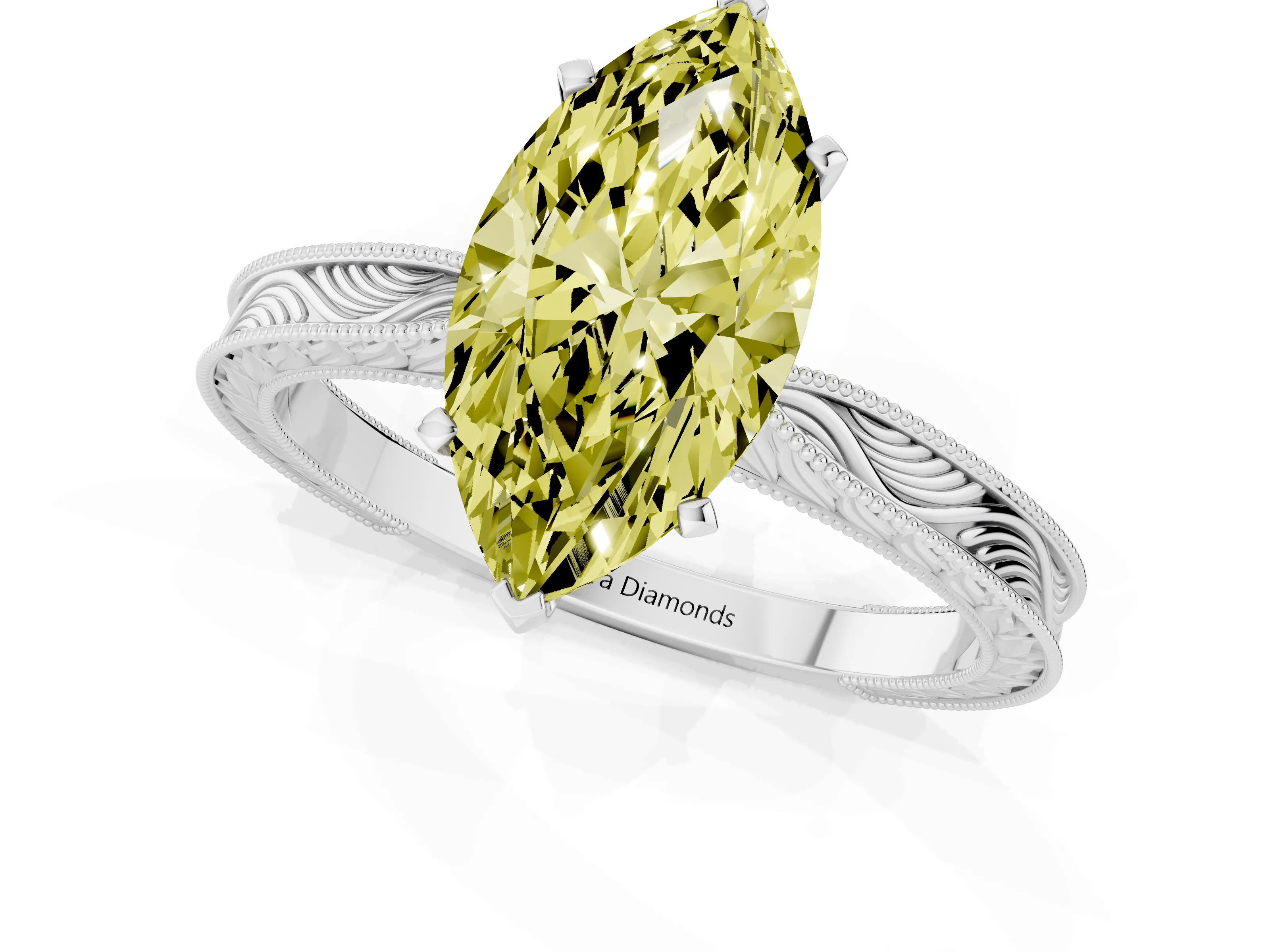 Fancy Yellow Marquise Cut Diamond Solitaire Milgrain Engraved Band Set in White gold with Prong Setting