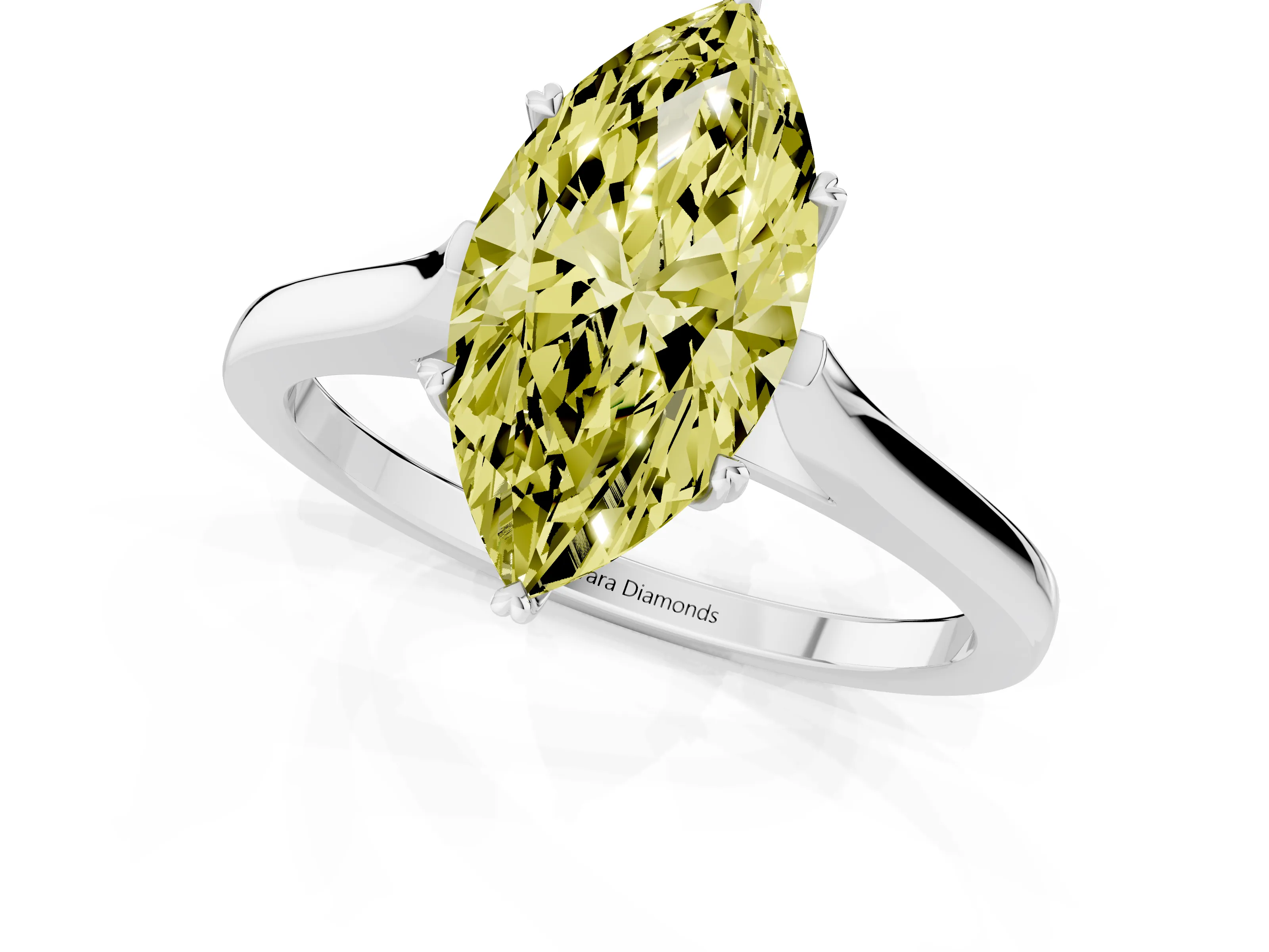 Fancy Yellow Marquise Cut Diamond Solitaire Heart Prong Engagement Ring Set in Silver with Tapered Band