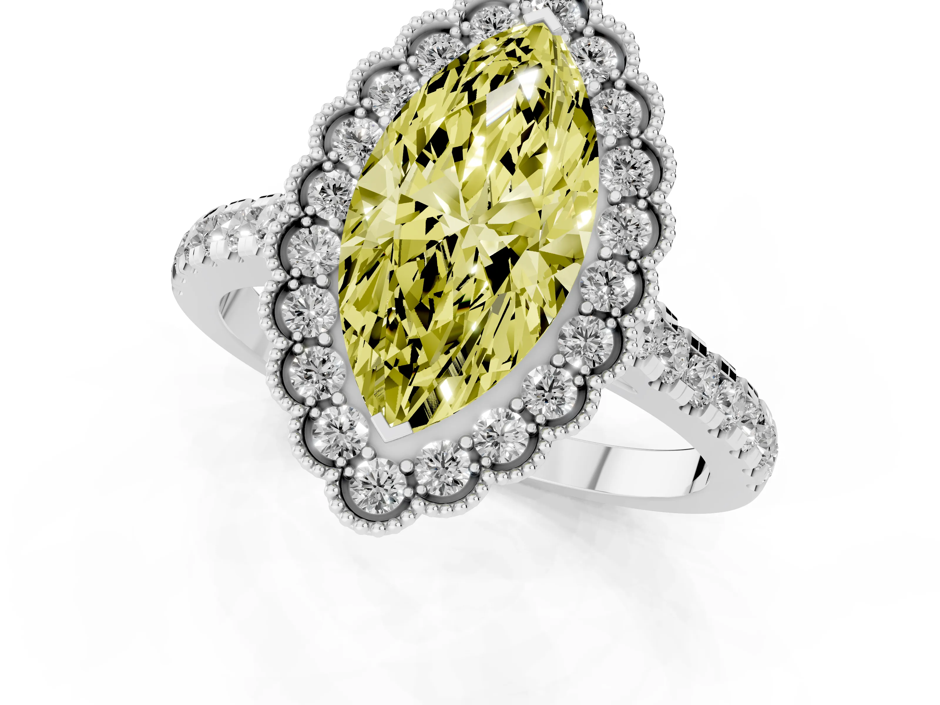 Fancy Yellow Marquise Cut Diamond Milgrain Floral Halo Engagement Ring Set in White gold with Pavé Band