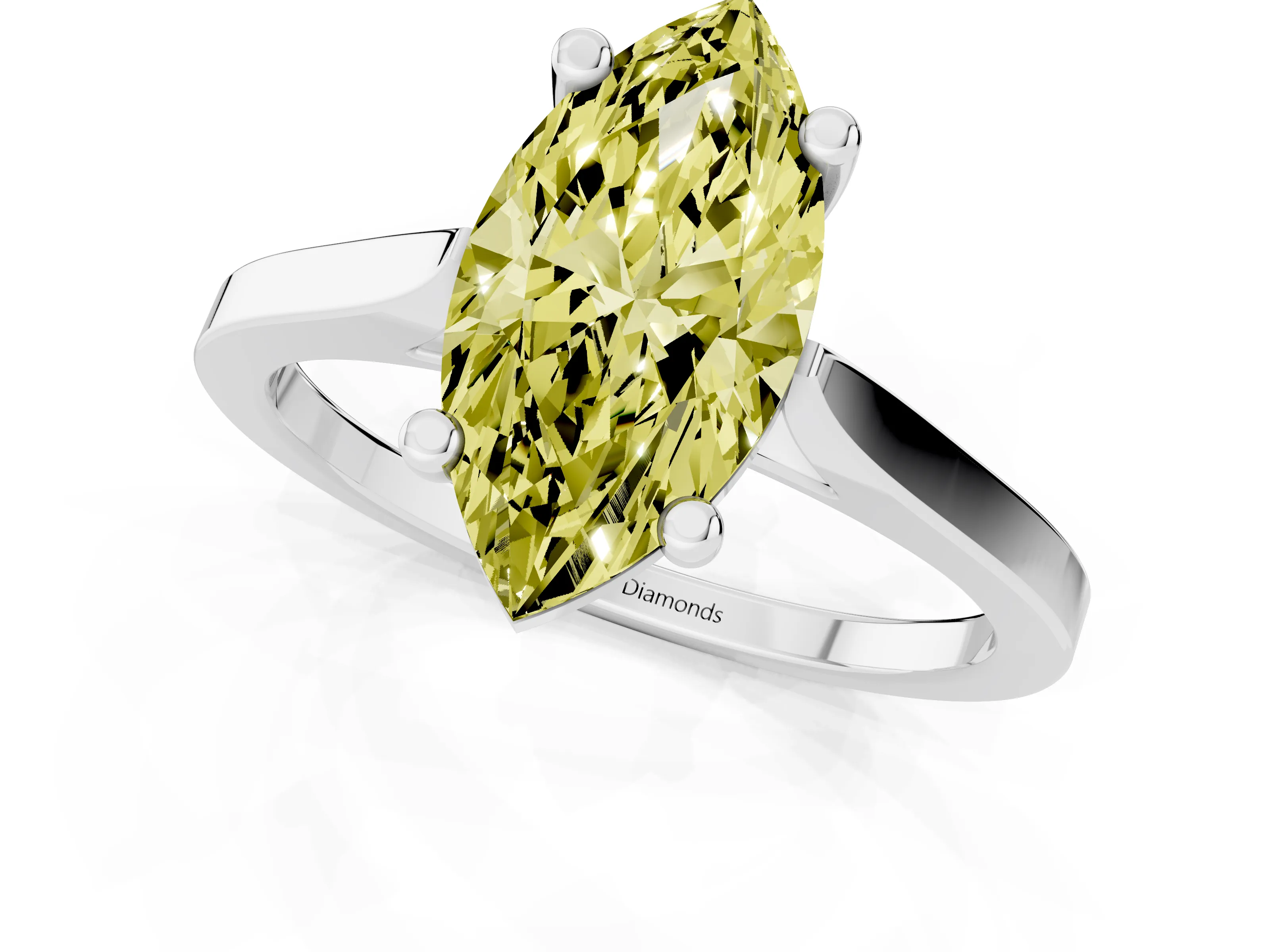 Fancy Yellow Marquise Cut Diamond Solitaire Ring Set in White gold with Prong Setting and Tapered Band