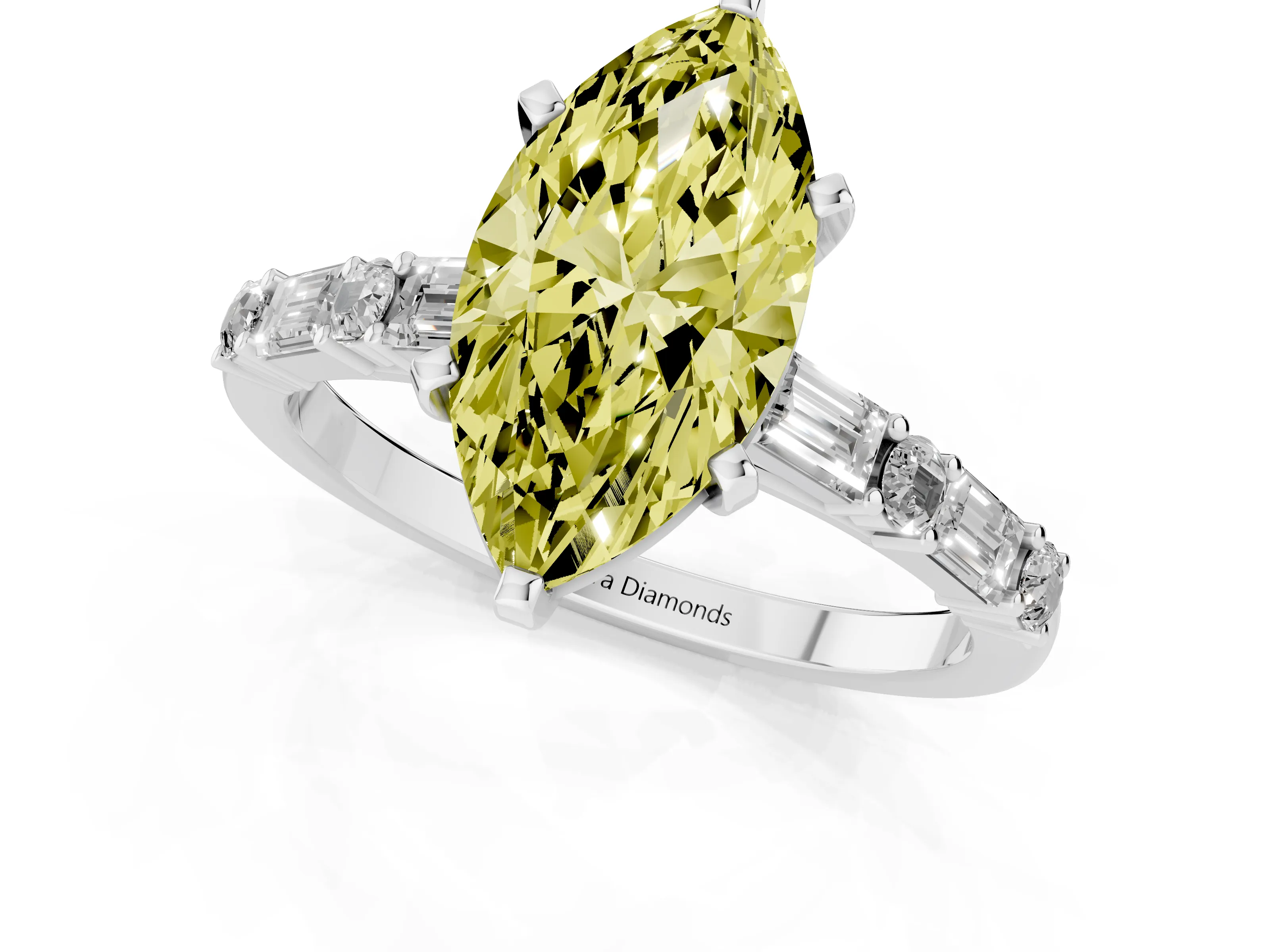 Fancy Yellow Marquise Cut Diamond Solitaire Set in Silver with Side Baguettes and Channel Set Band