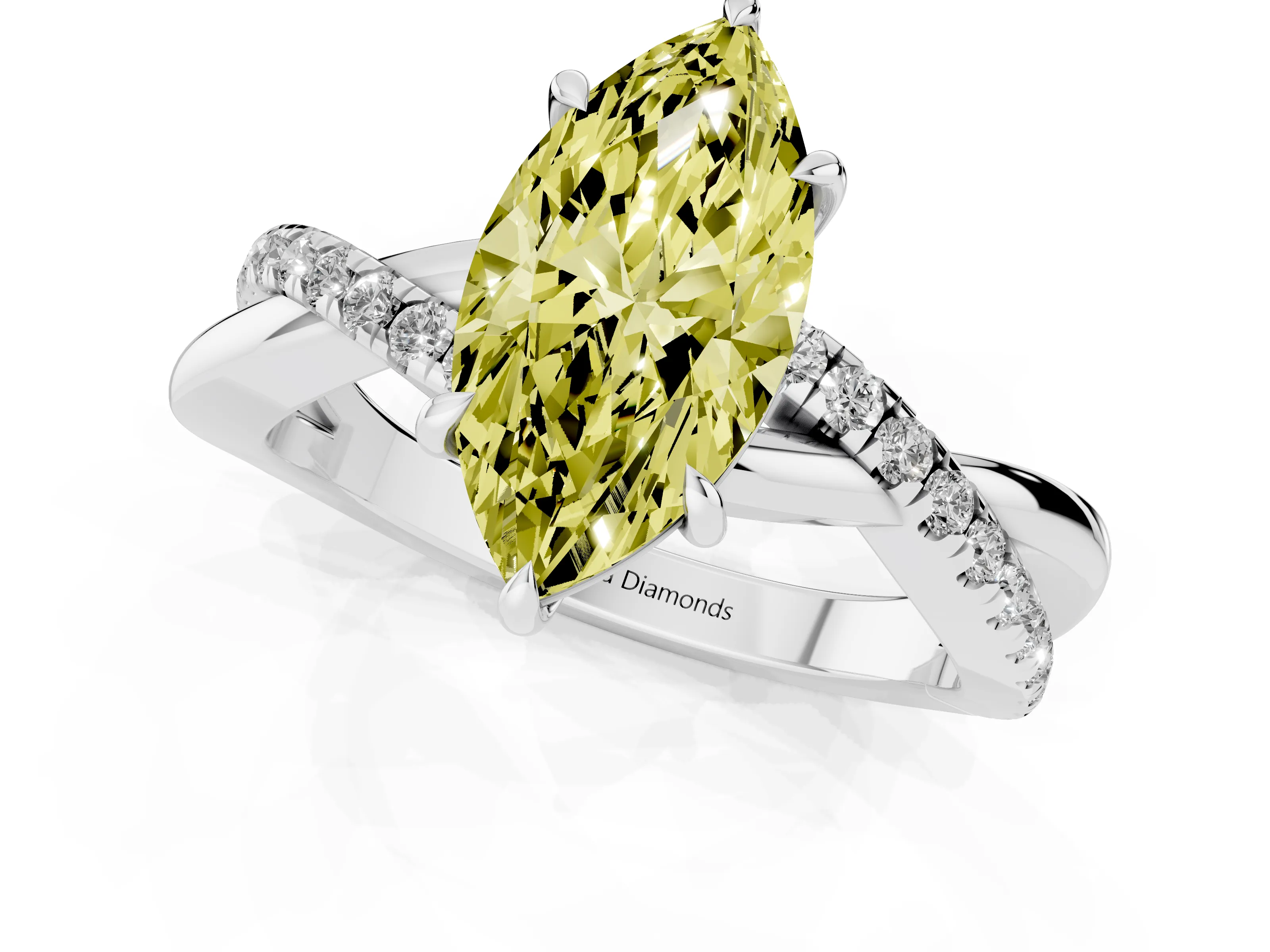 Fancy Yellow Marquise Cut Diamond Twisted Pavé Band Ring Set in Silver with Prong Setting
