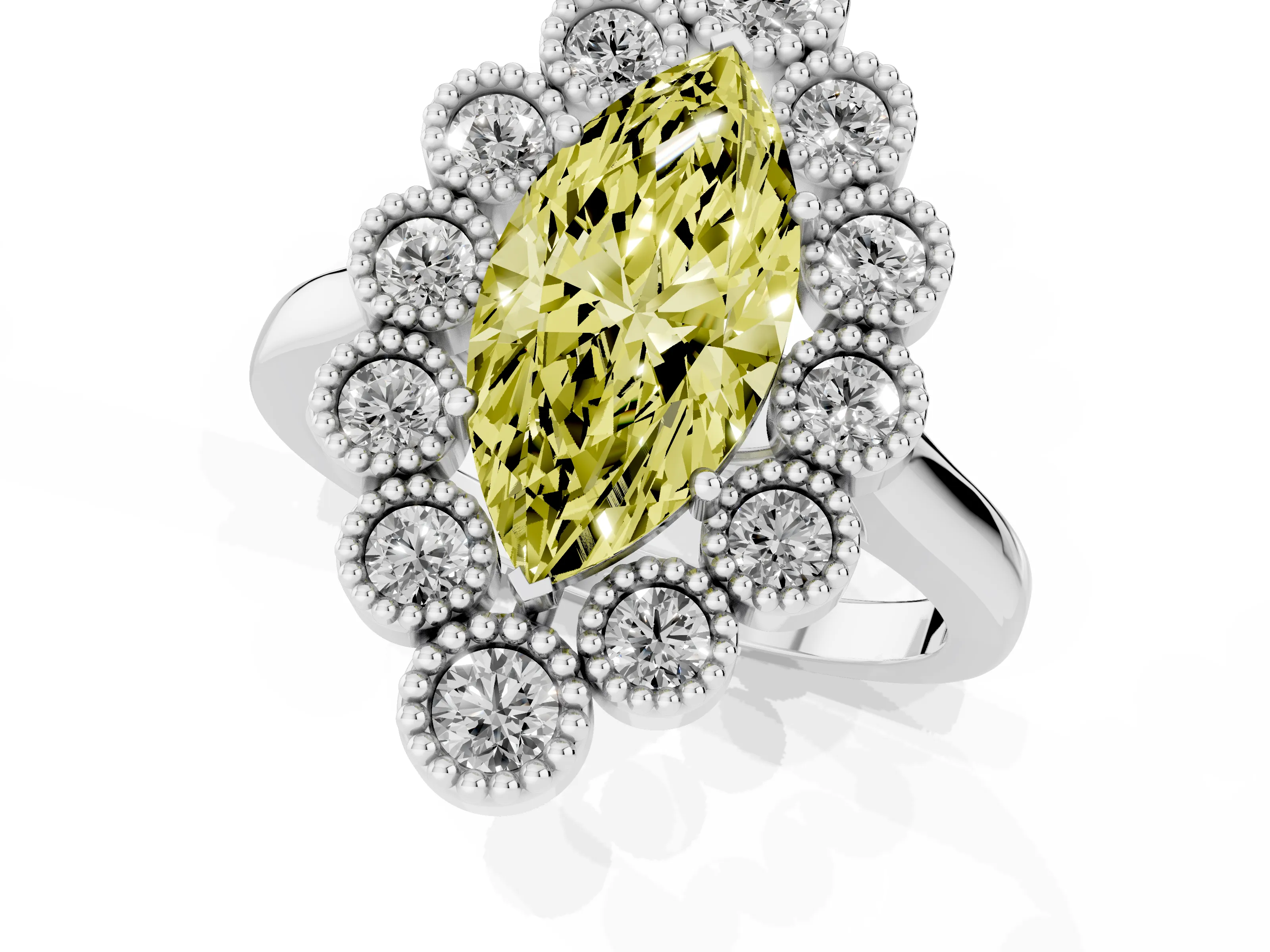 Fancy Yellow Marquise Cut Diamond Cluster Halo Ring Set in White gold with Milgrain Bezel Accents and Plain Band