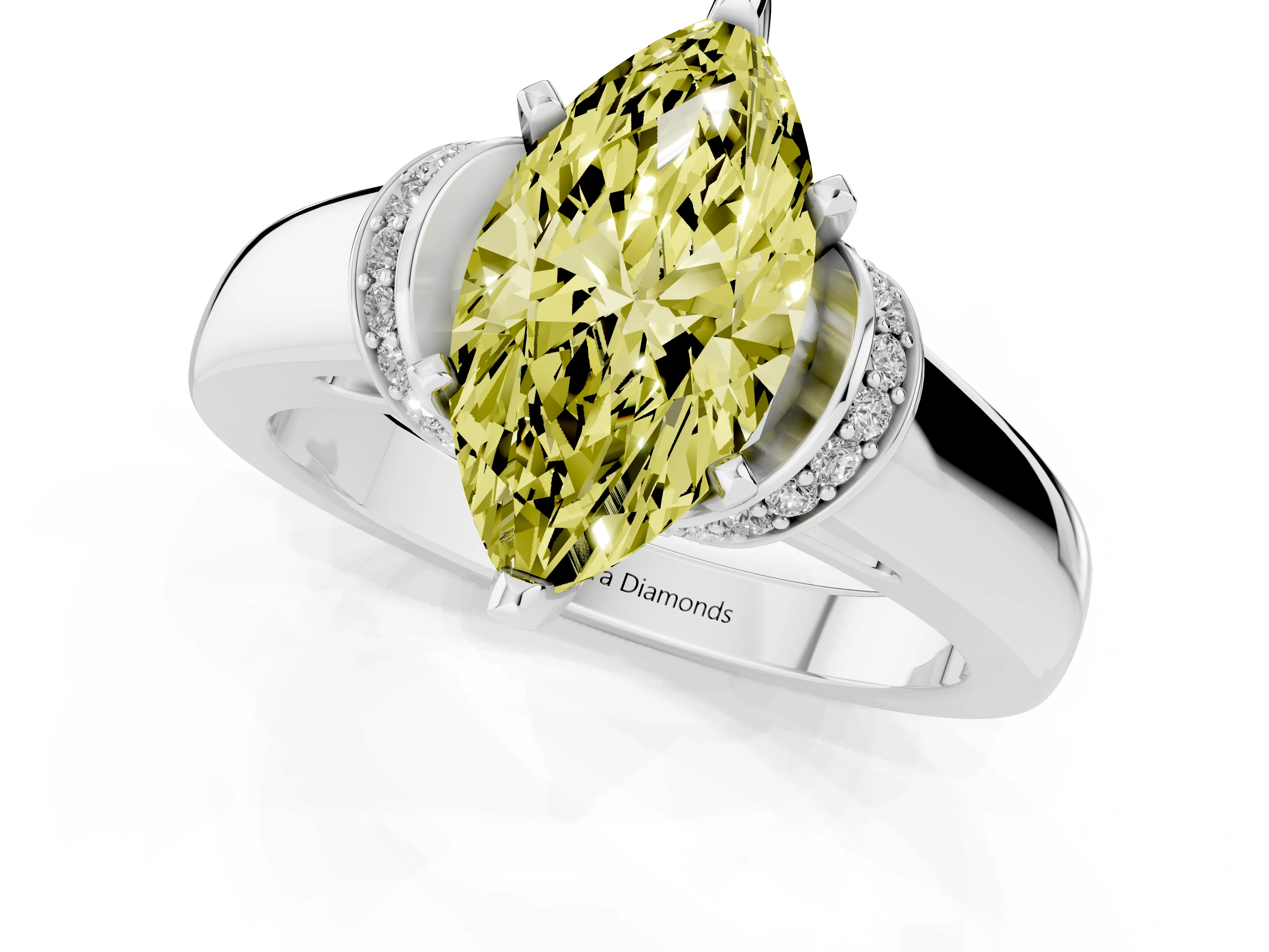 Fancy Yellow Marquise Cut Diamond Pavé Band Solitaire Ring Set in Platinum with Prong Setting