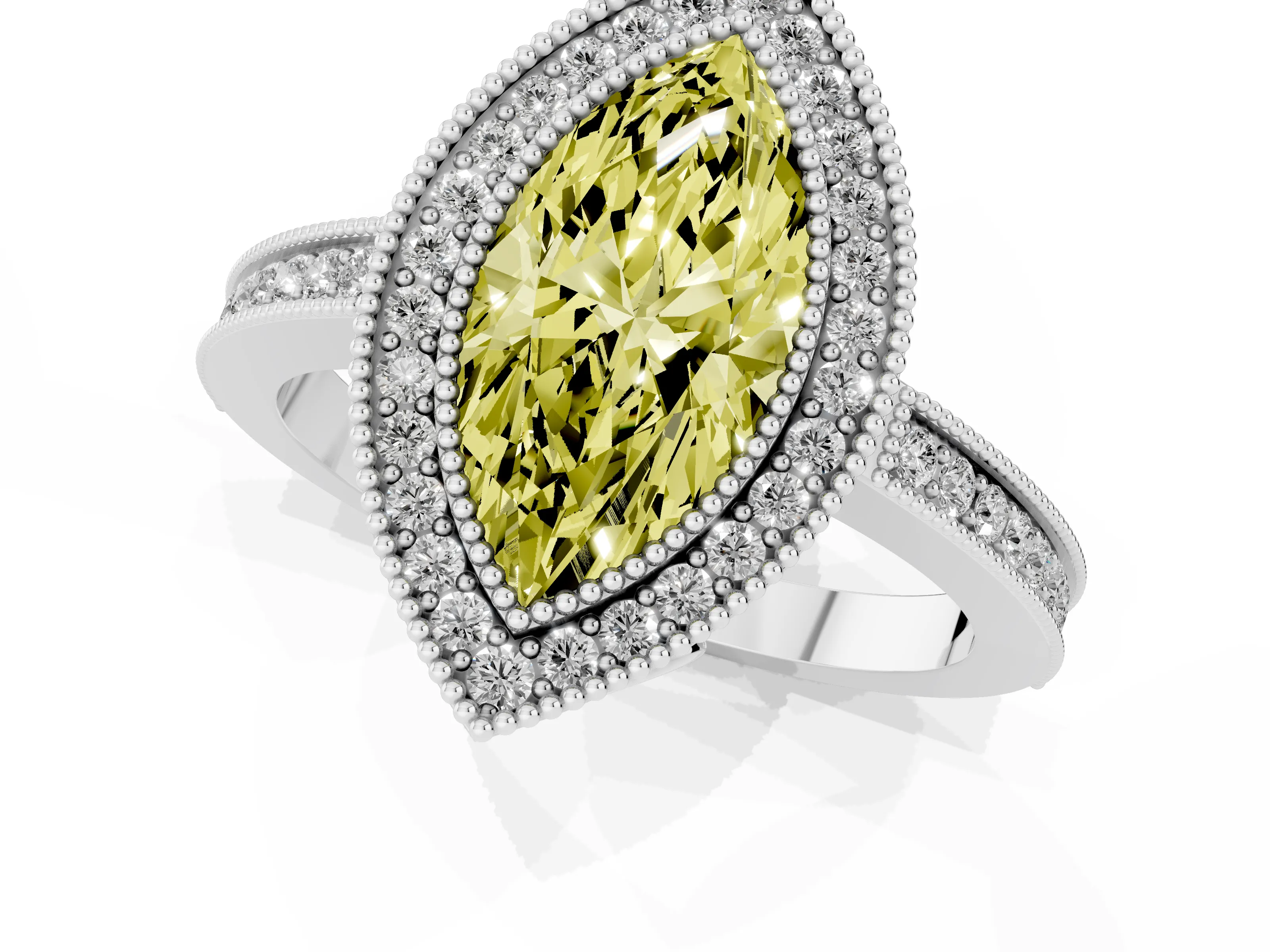 Fancy Yellow Marquise Cut Diamond Halo Ring Set in White gold with Pavé Band and Milgrain-Edged Prongs