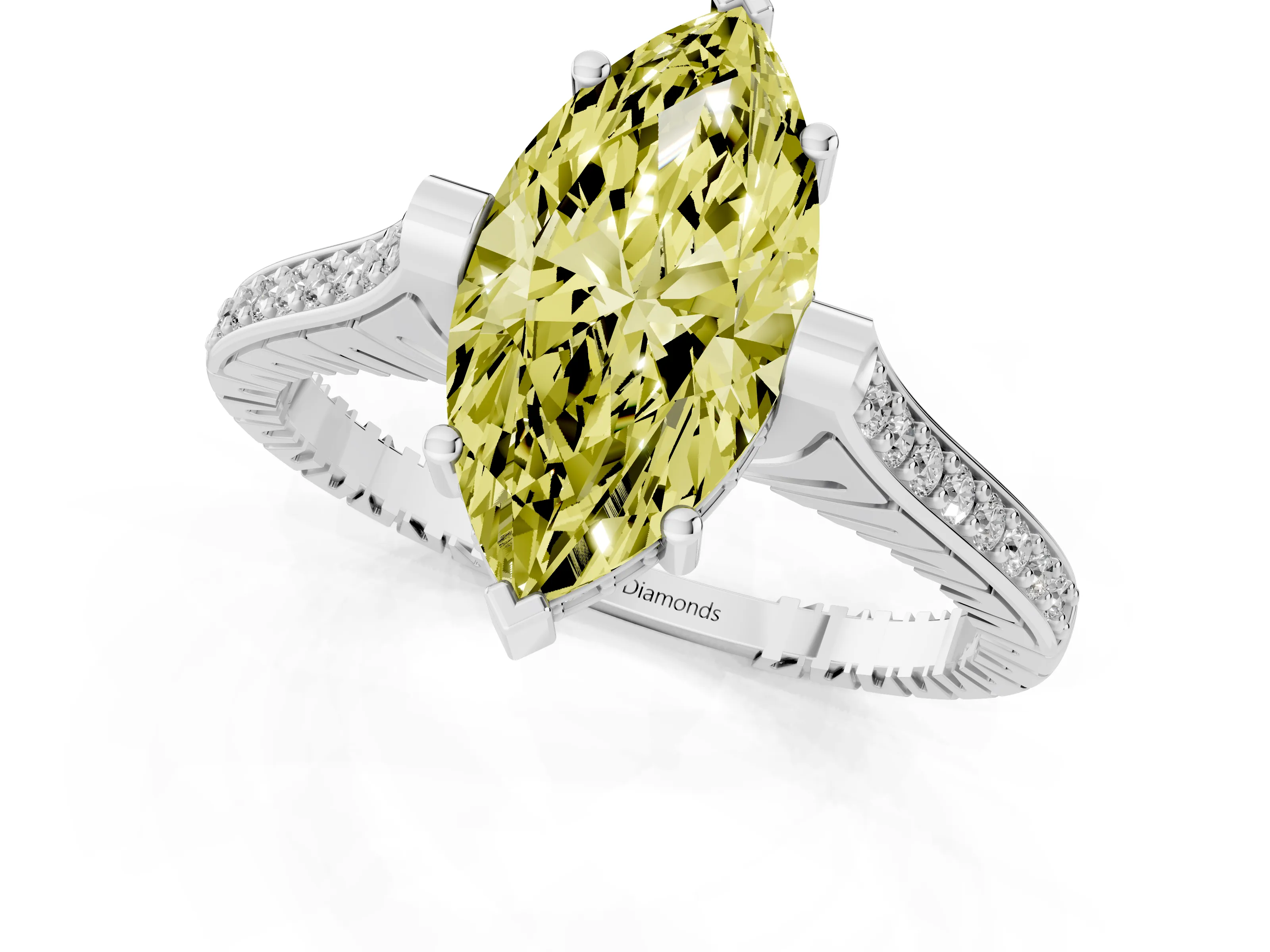Fancy Yellow Marquise Cut Diamond Solitaire Ring Set in Silver with Channel Set Band and Bezel Prong Setting