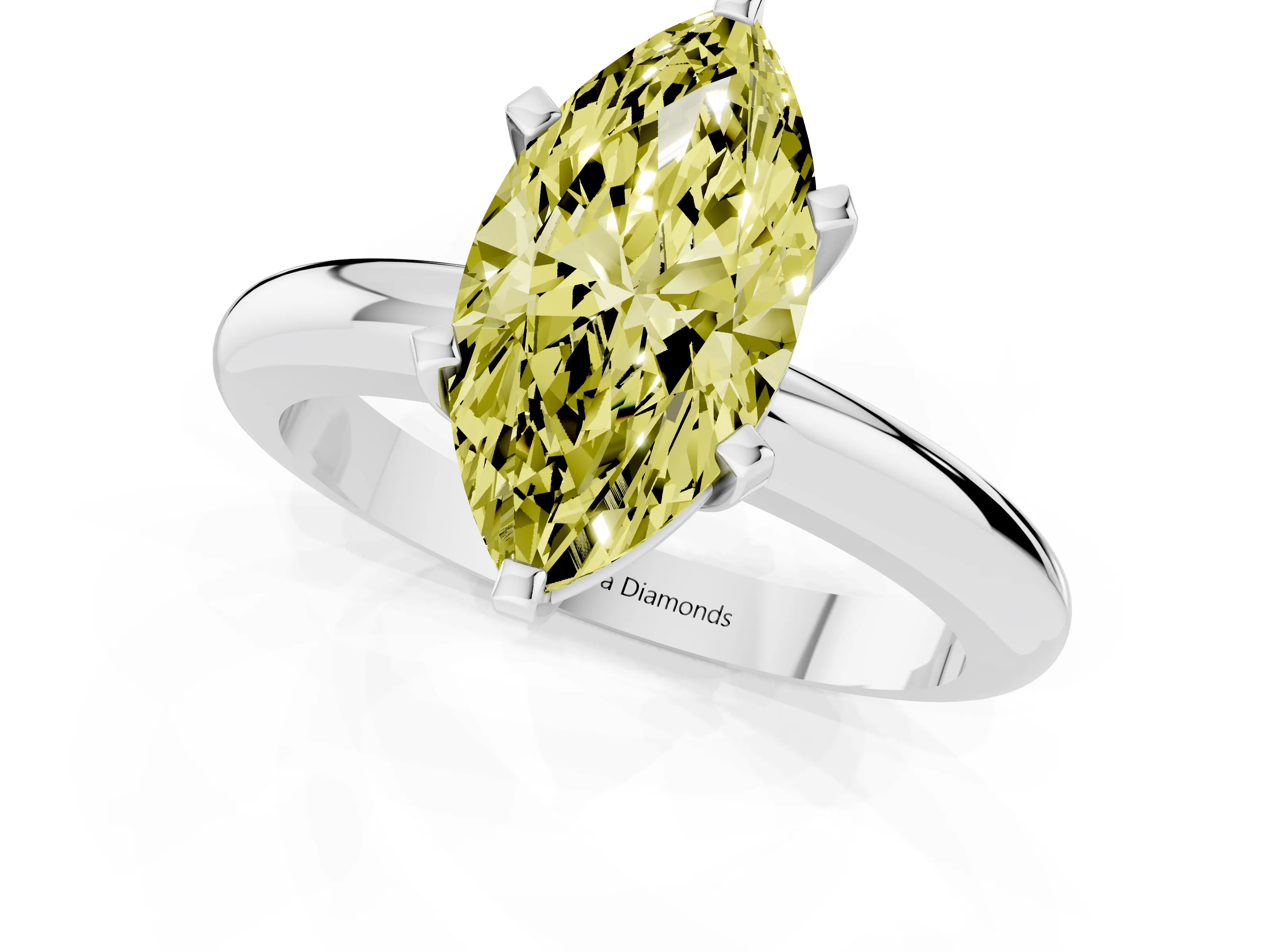 Fancy Yellow Marquise Cut Diamond Solitaire Engagement Ring Set in White gold with Round Band and Prong Setting