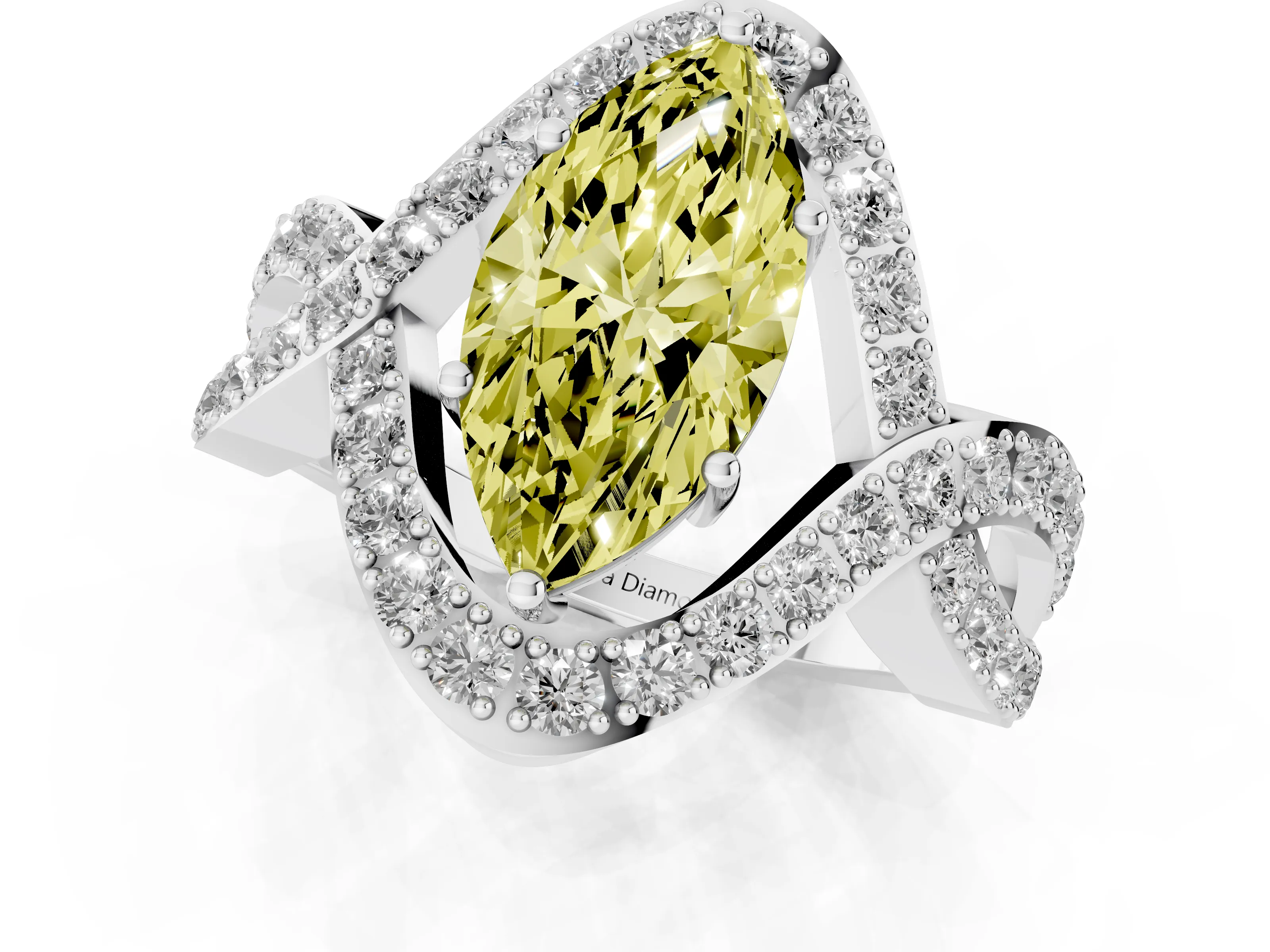 Fancy Yellow Marquise Cut Diamond Solitaire Twist Band Pavé Engagement Ring Set in Platinum