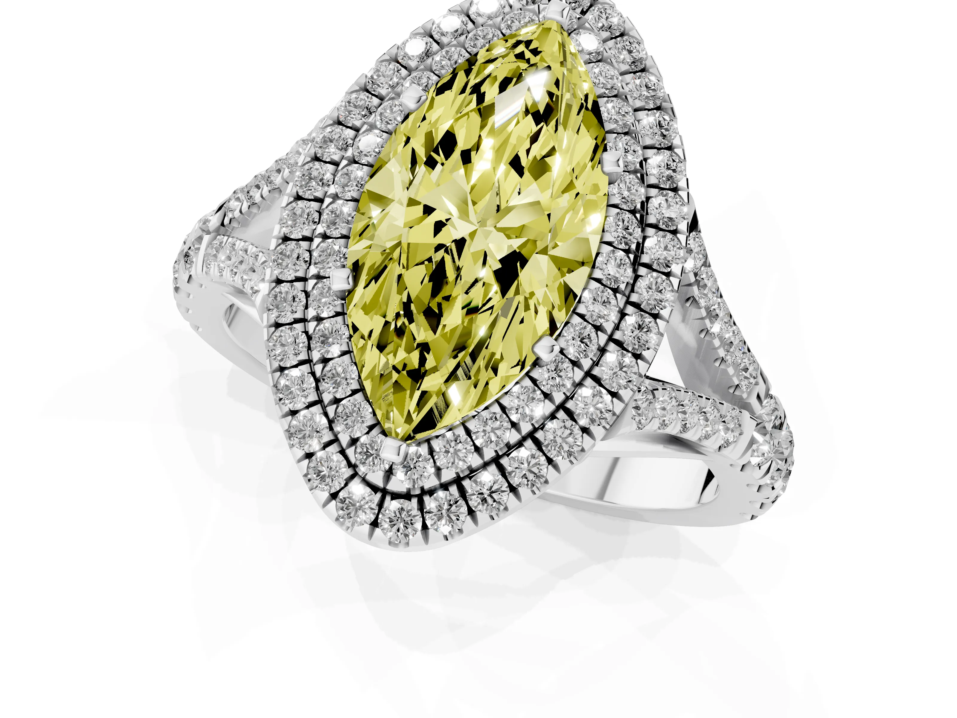 Fancy Yellow Marquise Cut Diamond Pavé Split Shank Double Halo Engagement Ring Set in Silver