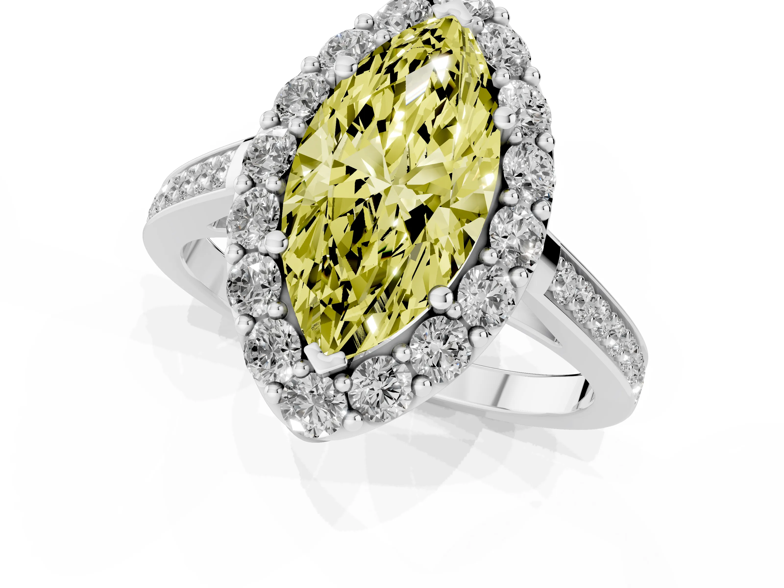 Fancy Yellow Marquise Cut Diamond Floral Halo Ring Set in Silver with Pavé Band and Prong Setting