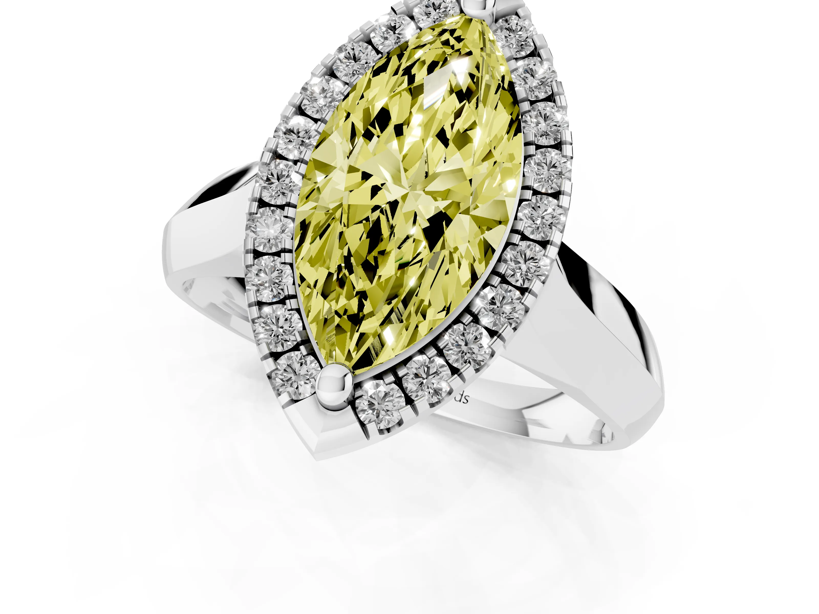 Fancy Yellow Marquise Cut Diamond Halo Solitaire Engagement Ring Set in White gold with Square Band and Prong Setting