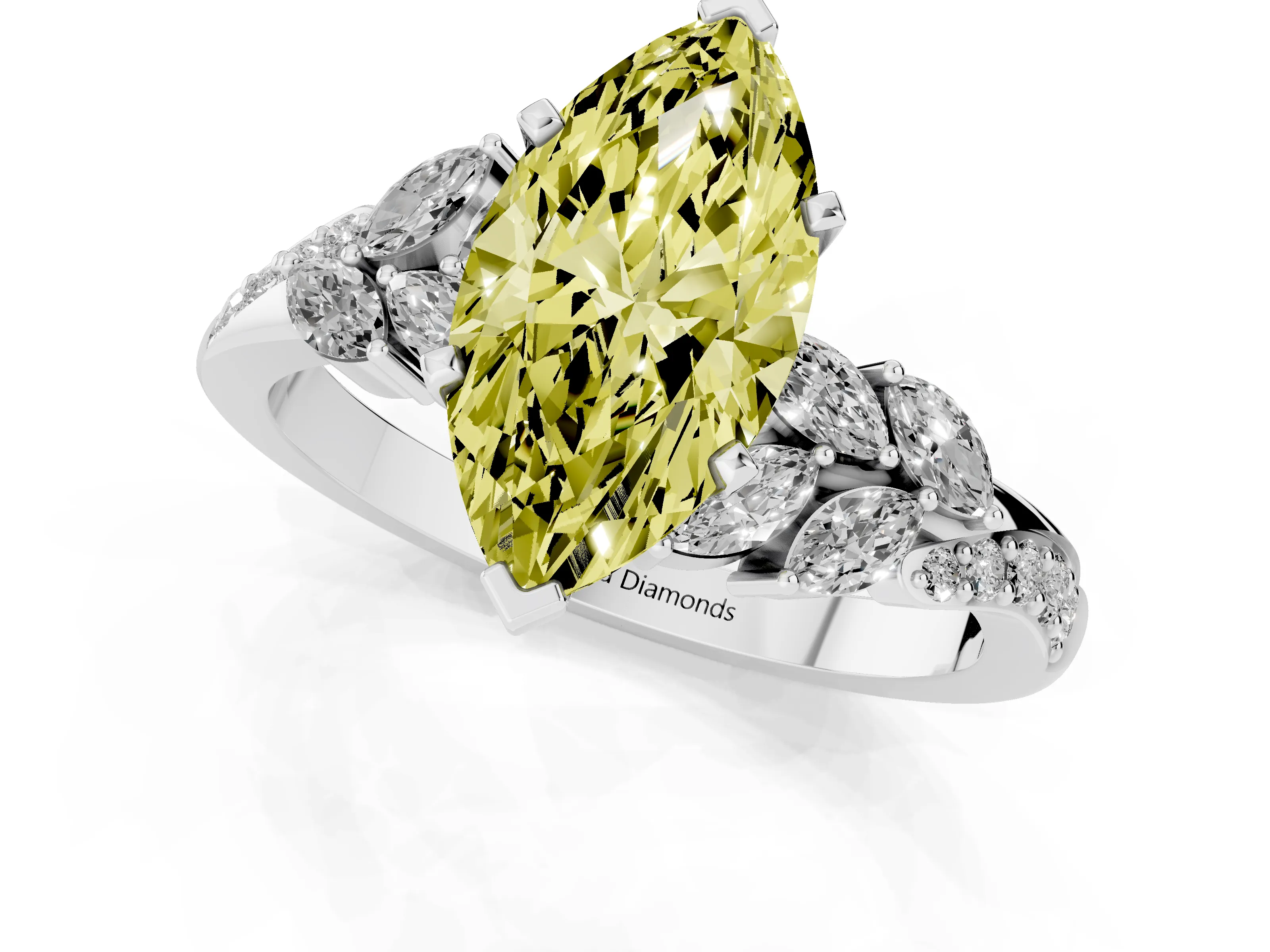 Fancy Yellow Marquise Cut Diamond Solitaire Ring Set in Silver with Marquise Twist Band and Prong Setting